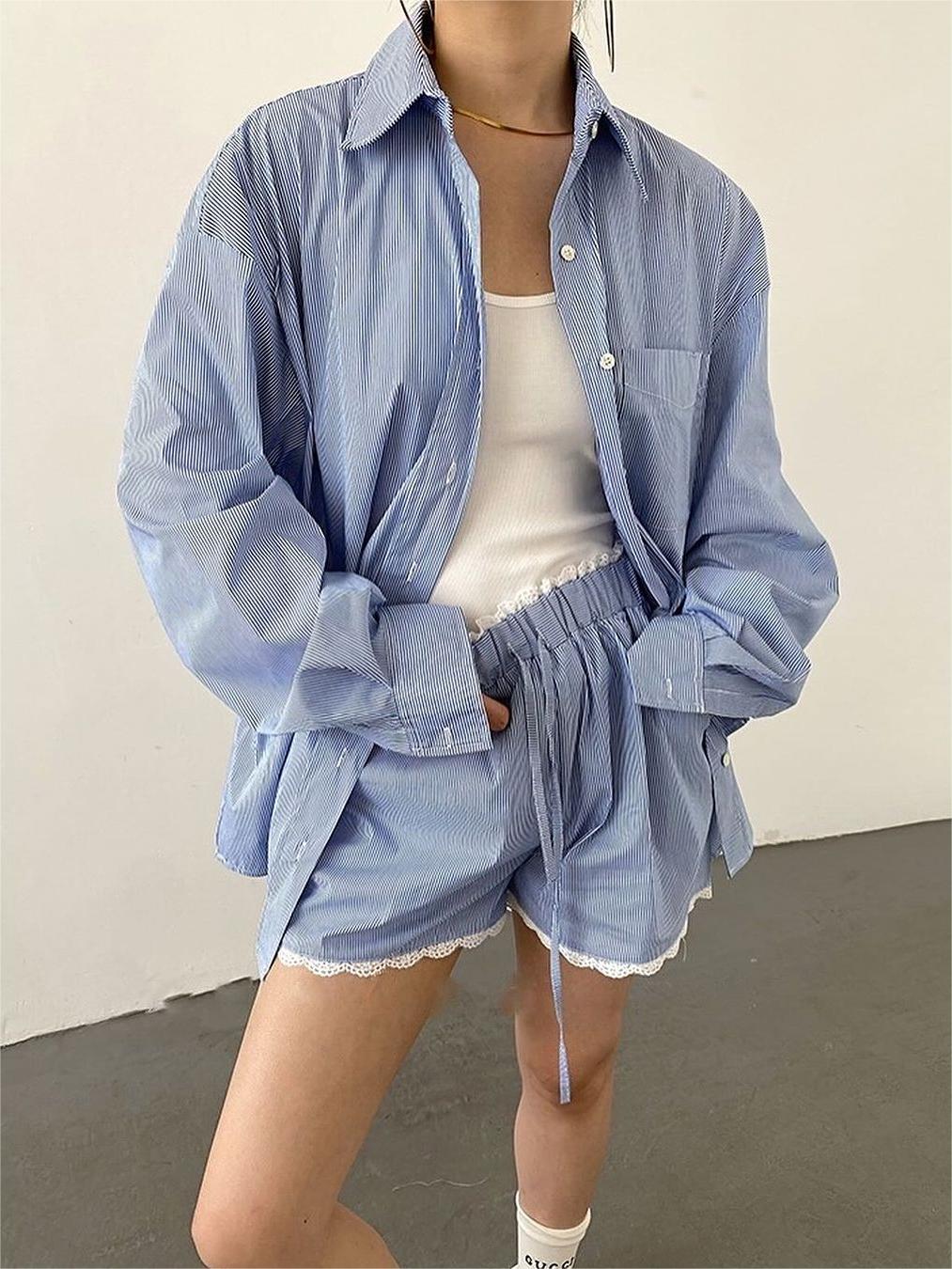 Oversized Stripe Textured Long Sleeve Shorts Set - Image 5