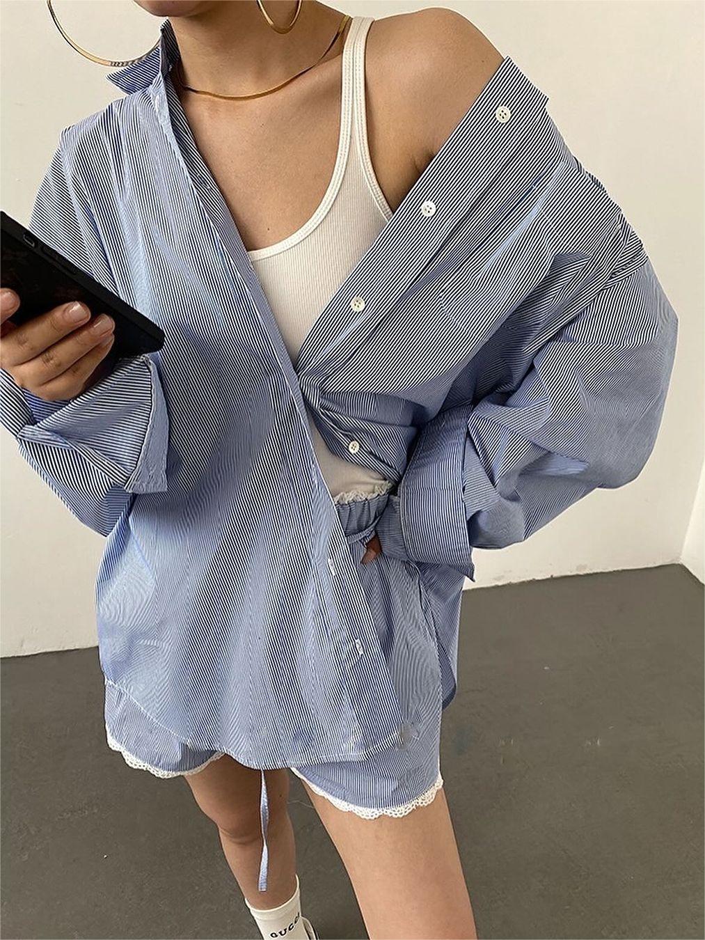 Oversized Stripe Textured Long Sleeve Shorts Set - Image 6