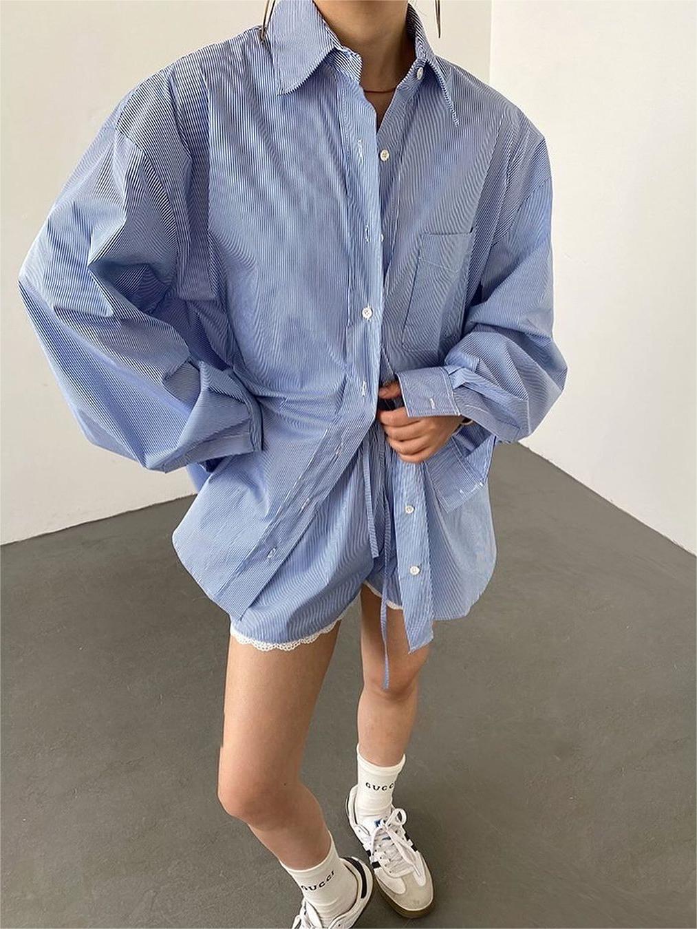 Oversized Stripe Textured Long Sleeve Shorts Set - Image 7