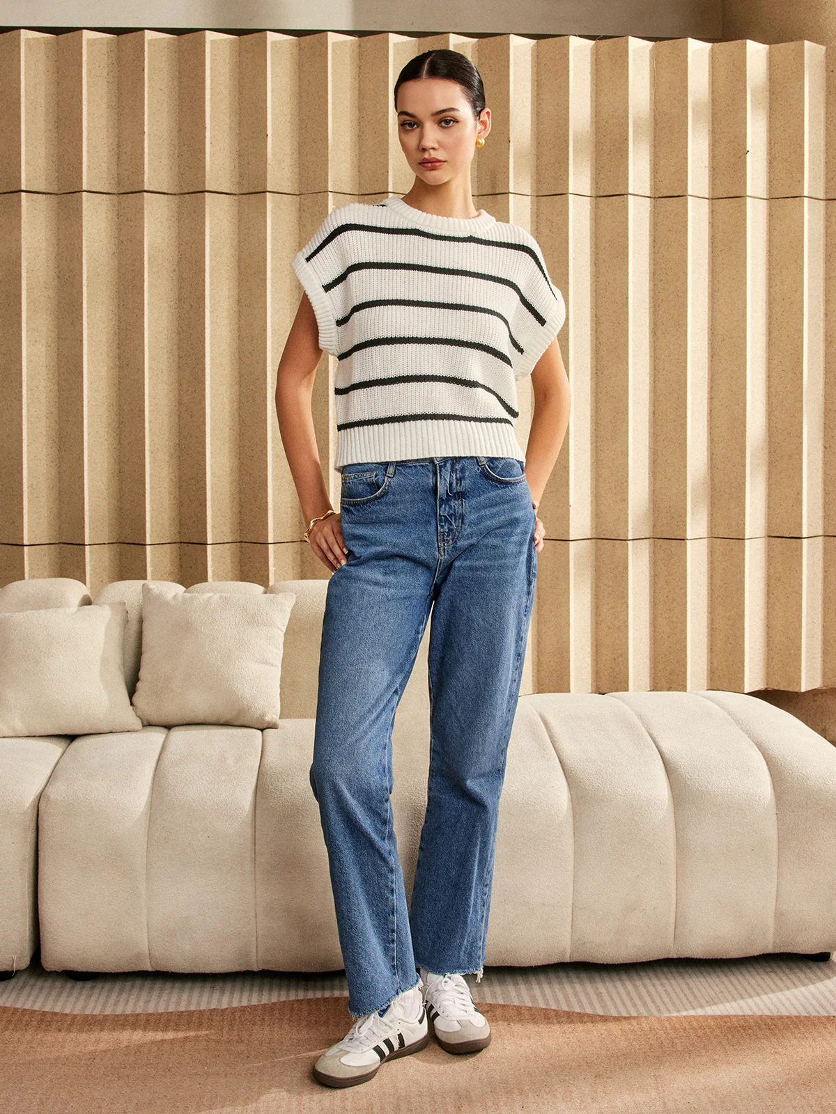 Oversized Striped Cap Sleeve Sweater - Image 2