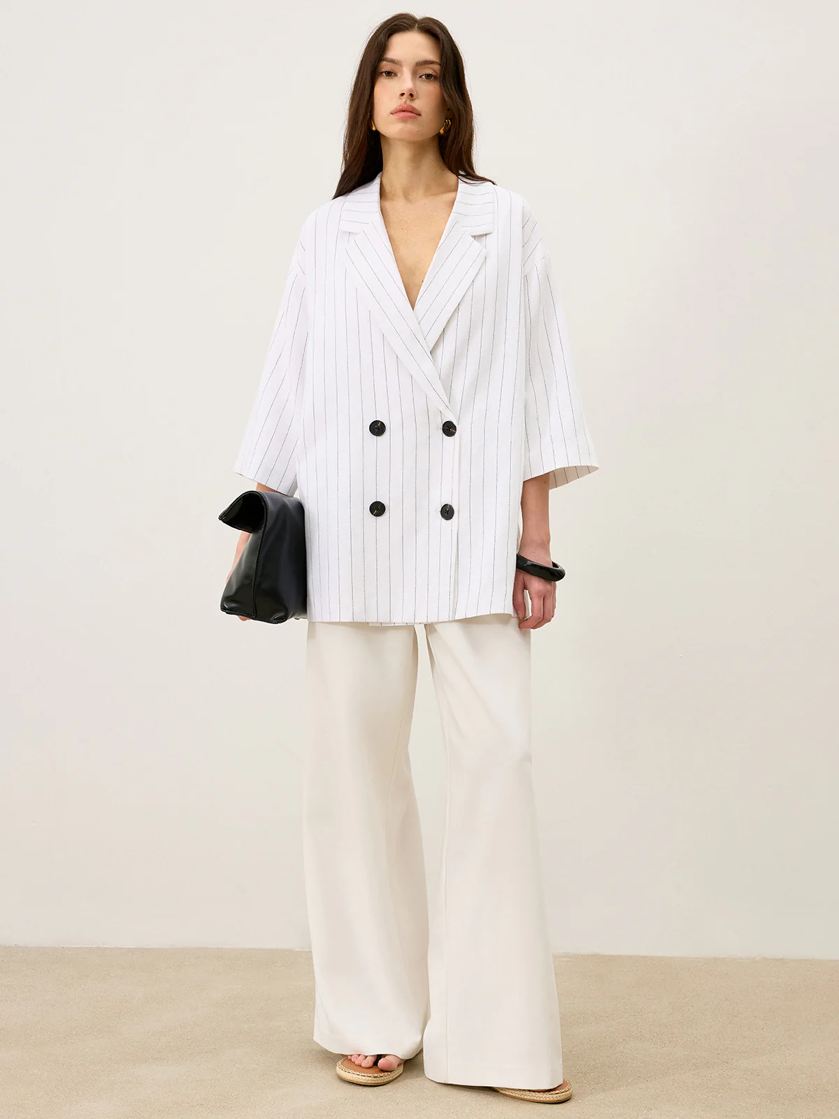Linen&Cotton Oversized Striped Side Slit Double-Breasted Blazer - Image 2