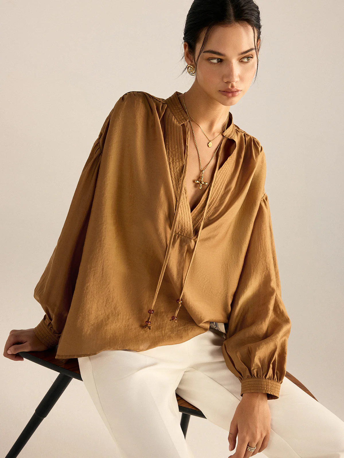 Oversized Tencel Tie Neck Blouse - Image 2
