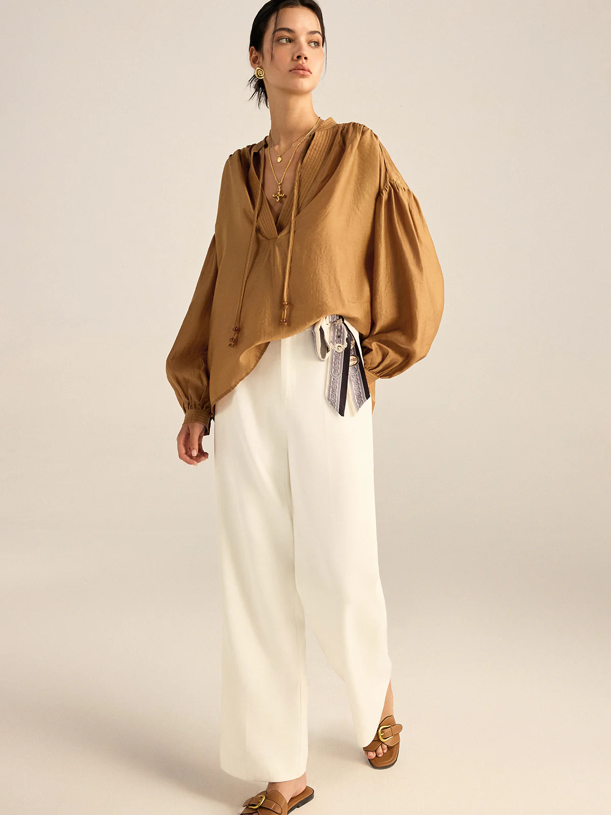 Oversized Tencel Tie Neck Blouse - Image 3