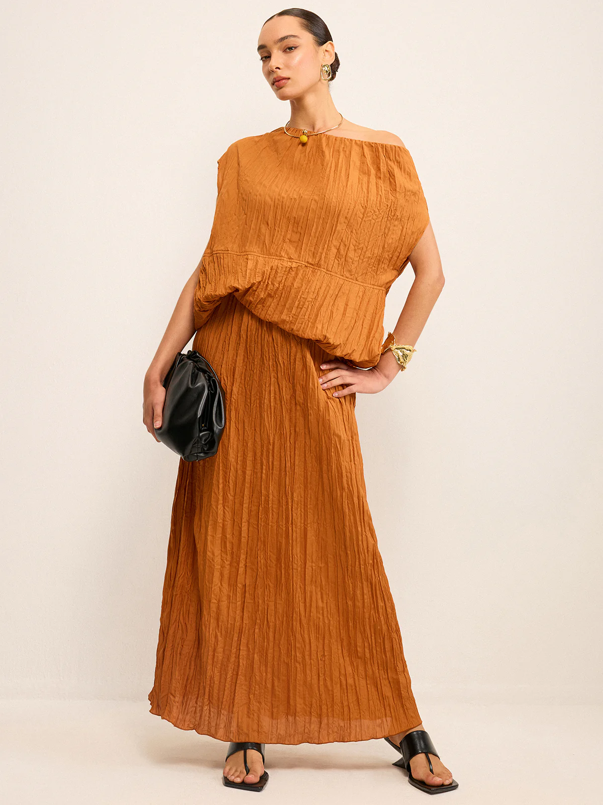 Oversized Textured Off-Shoulder Top and Maxi Skirt Set - Image 2