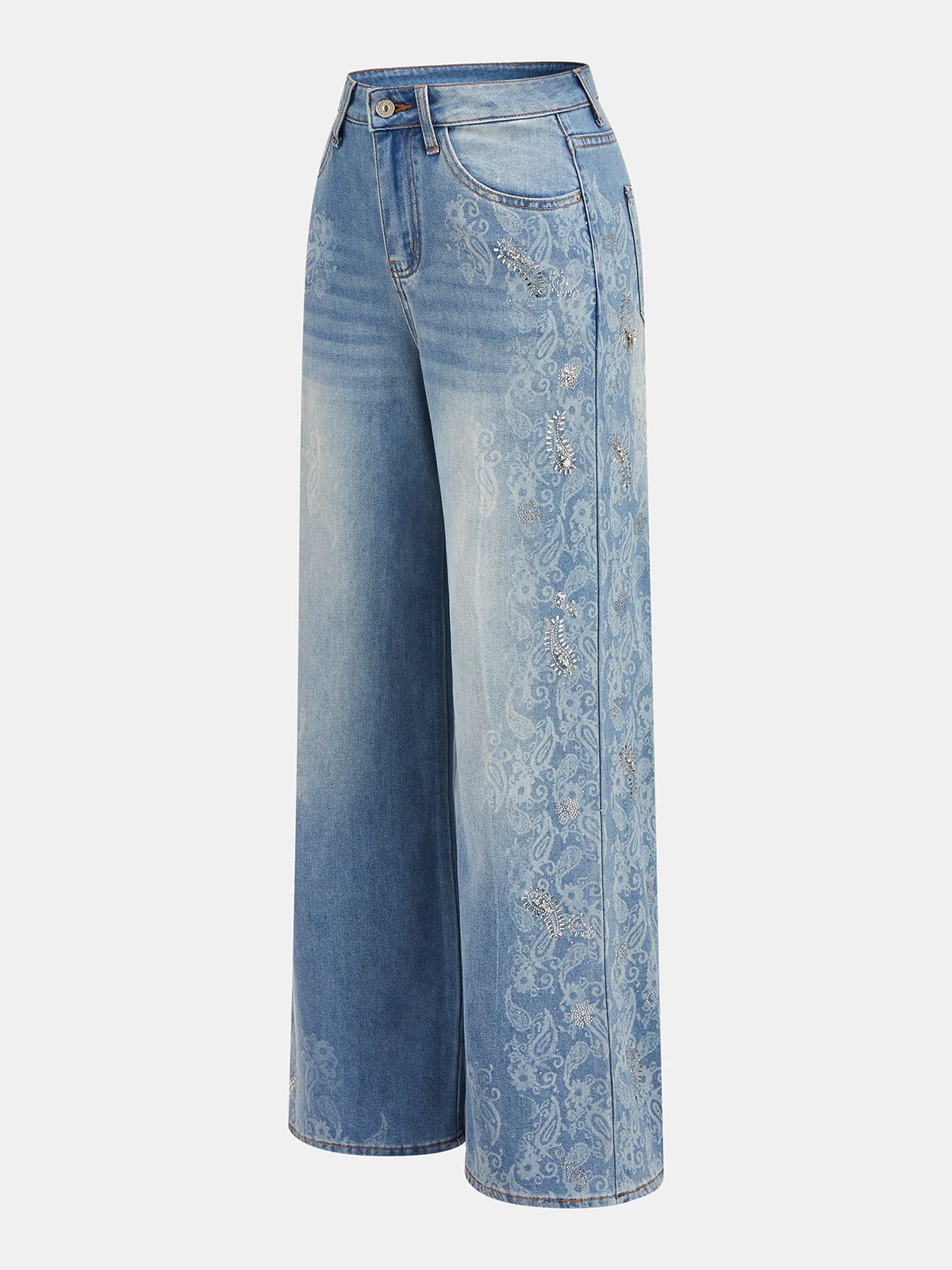 Paisley Jacquard Rhinestone Stud Wide Leg Jeans - Image 2