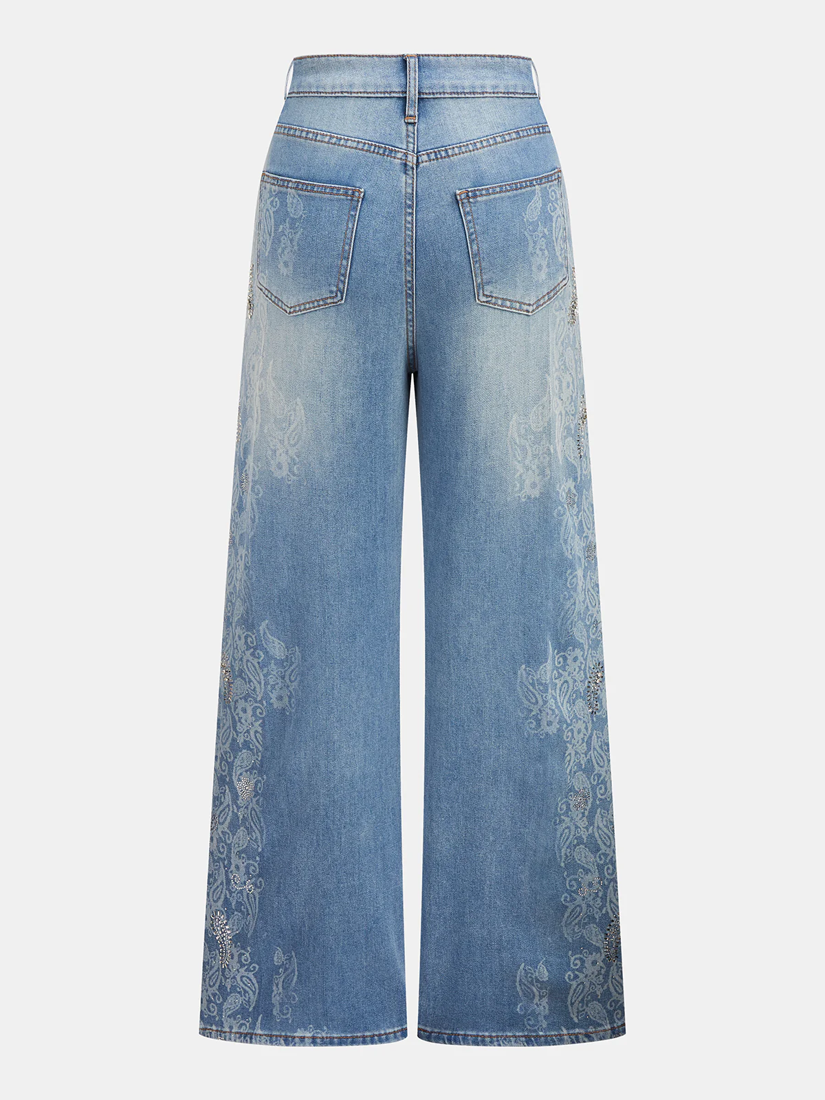 Paisley Jacquard Rhinestone Stud Wide Leg Jeans - Image 3