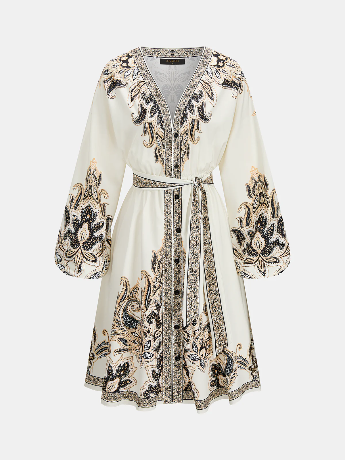 Paisley Print Belted Long Sleeve Midi Dress