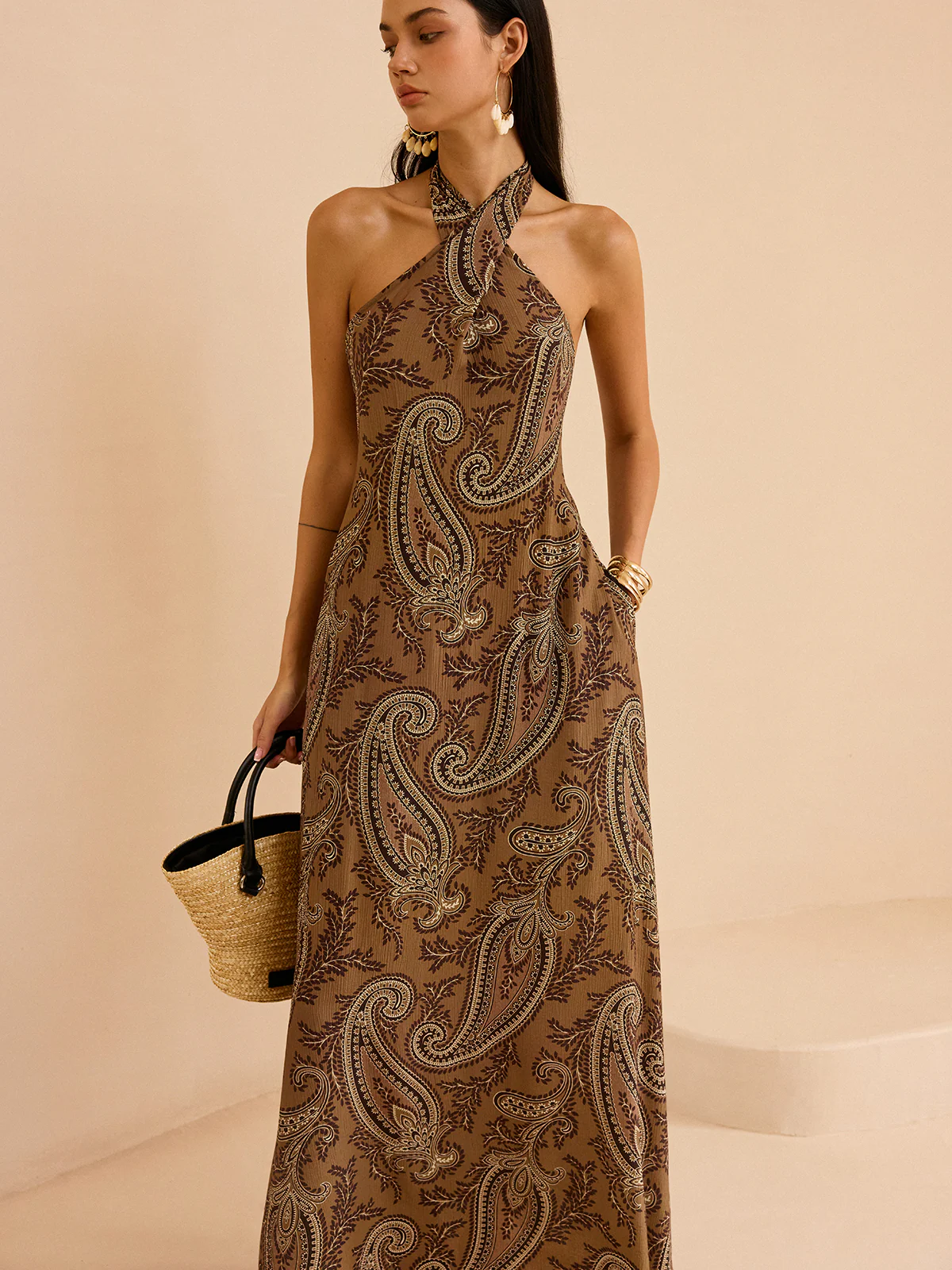 Paisley Print Halter Backless Maxi Dress - Image 2