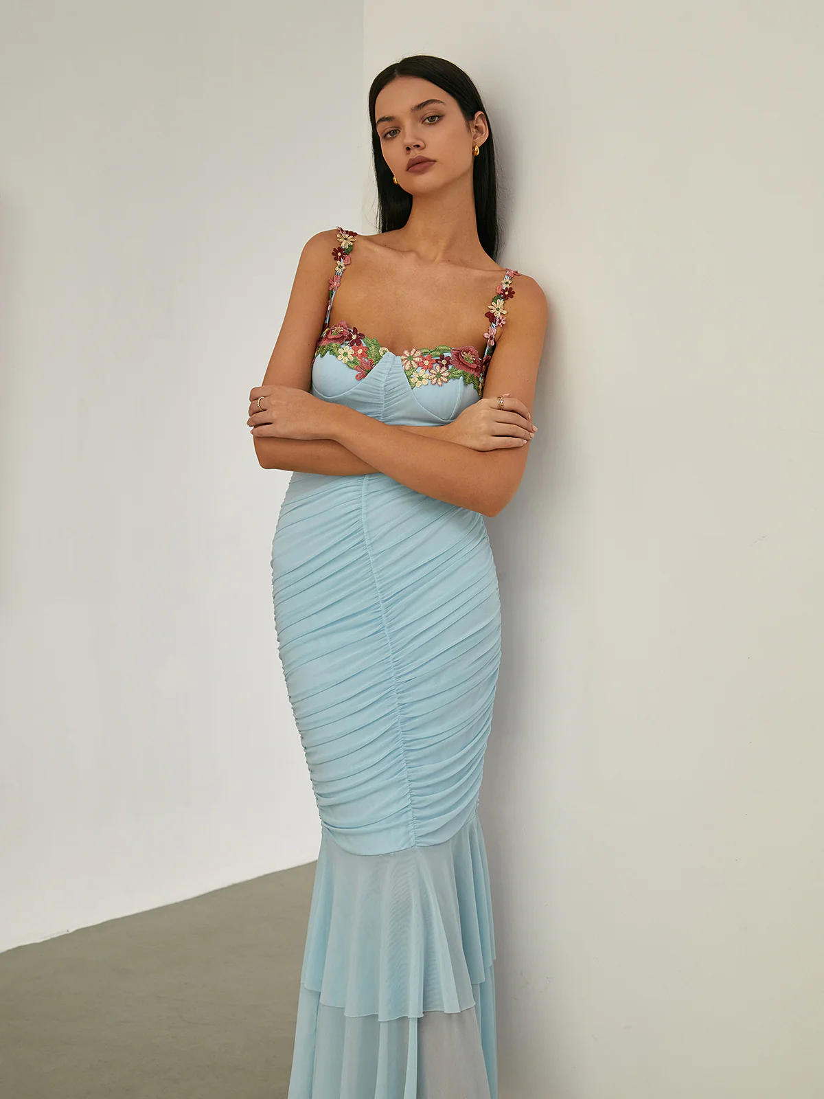 Paradise Flower Trim Pleated Mermaid Long Dress - Image 2