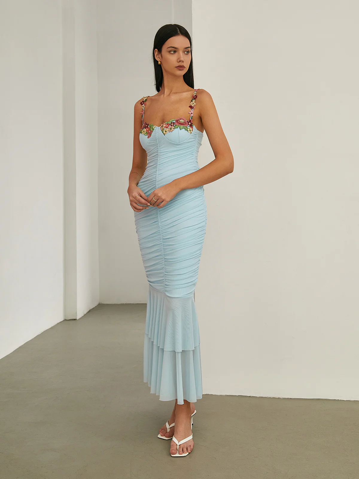 Paradise Flower Trim Pleated Mermaid Long Dress - Image 3