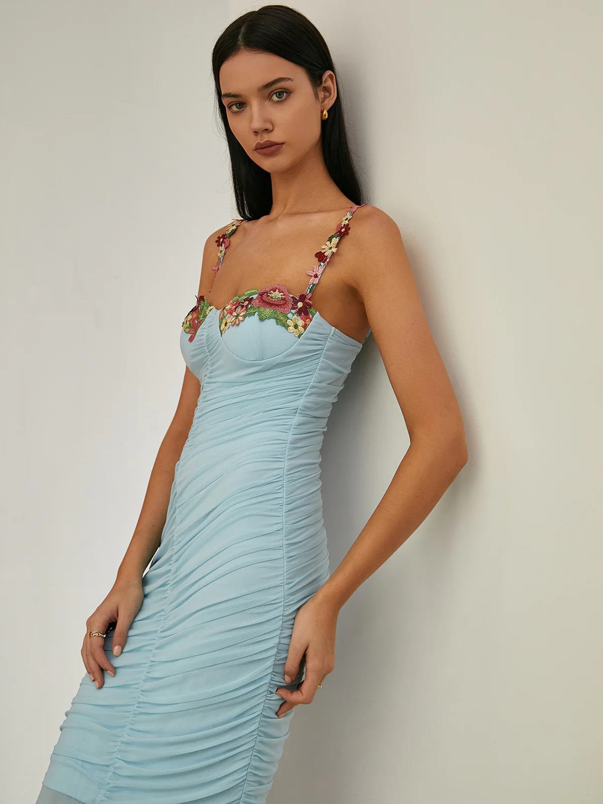 Paradise Flower Trim Pleated Mermaid Long Dress - Image 4