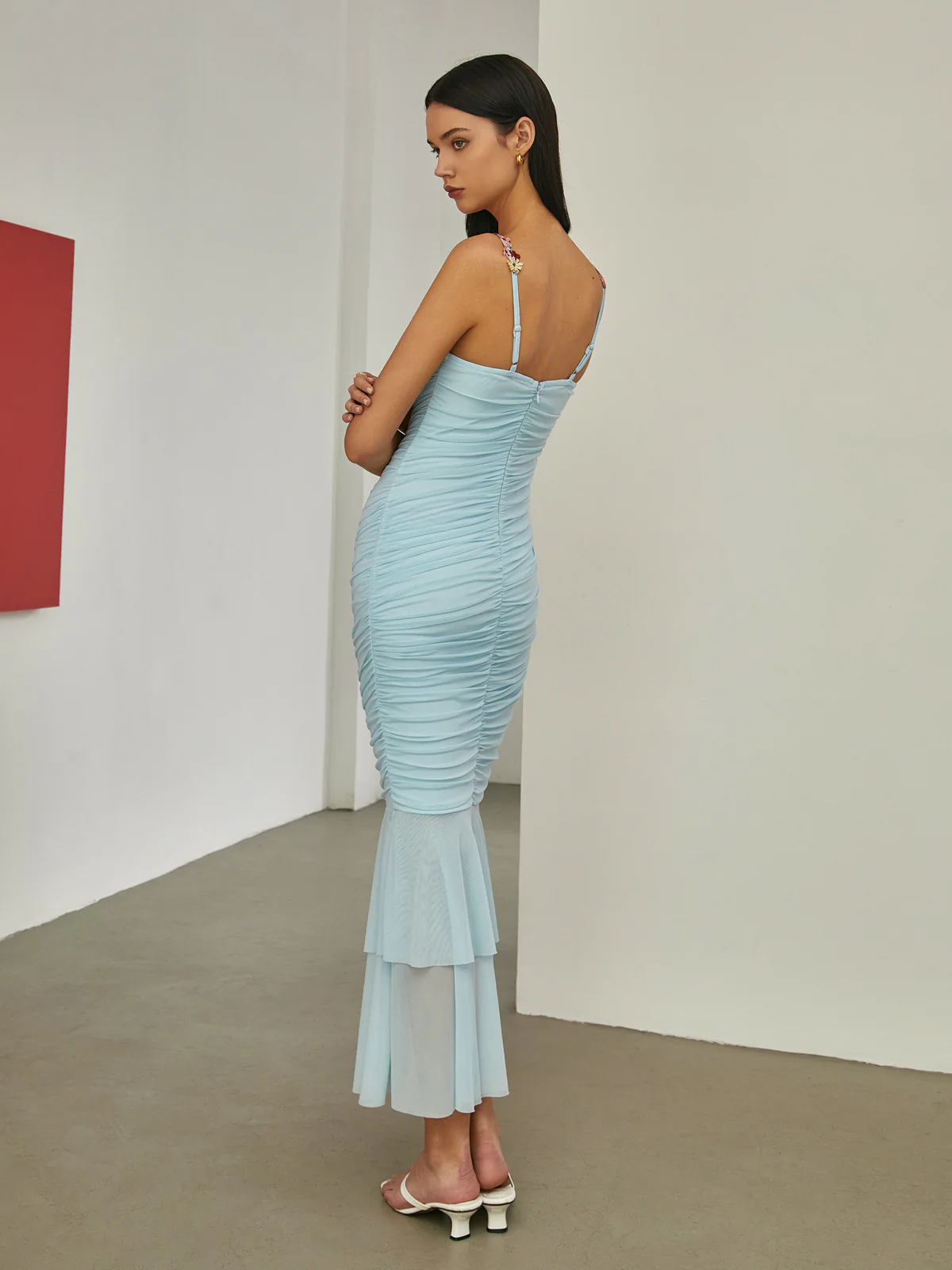 Paradise Flower Trim Pleated Mermaid Long Dress - Image 5