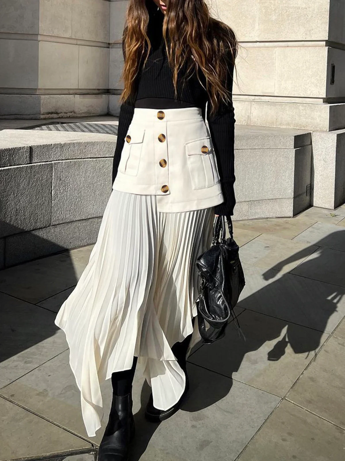 Patchwork Asymmetrical Pleated Buttoned Midi Skirt - Image 2
