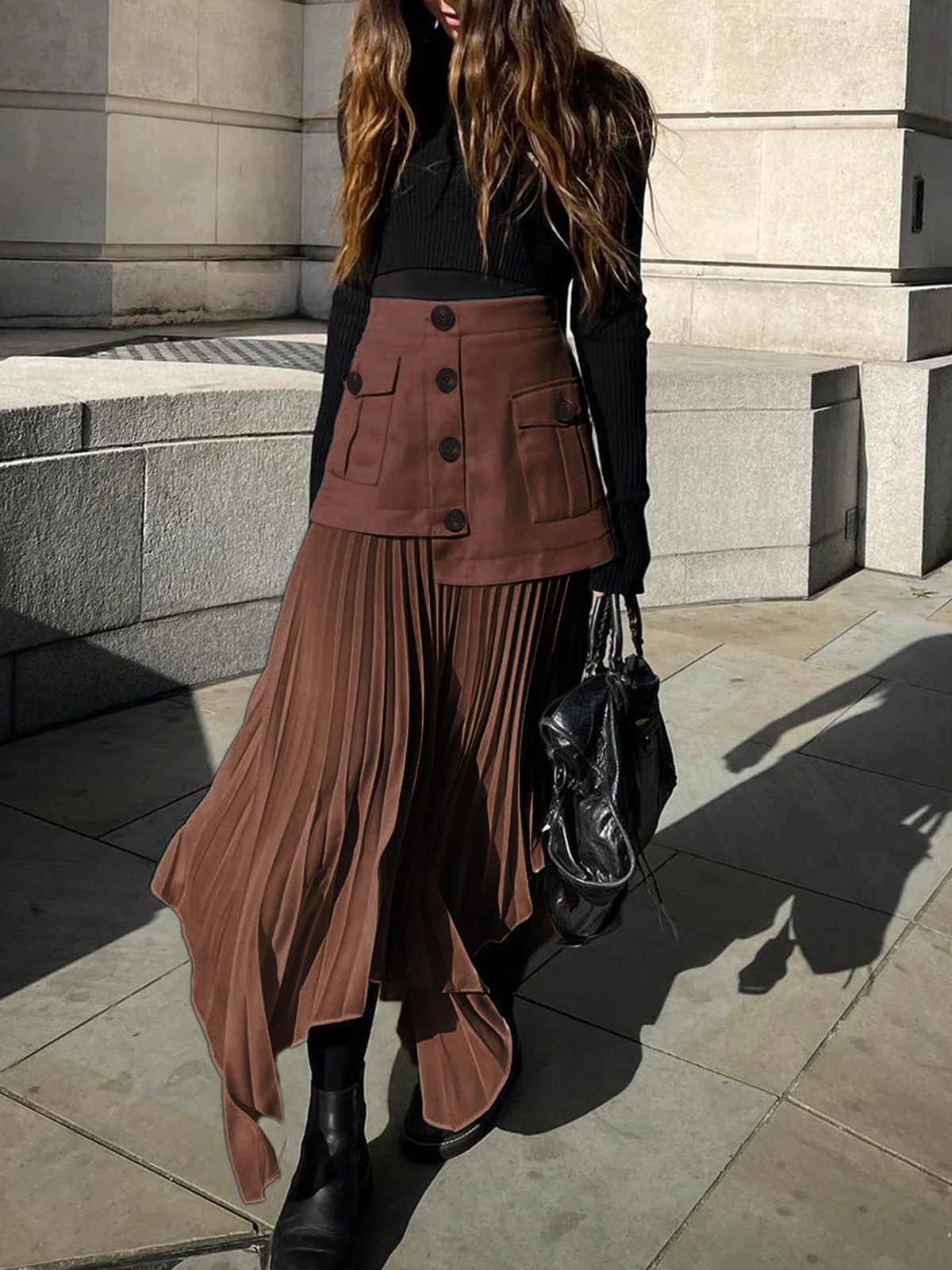 Patchwork Asymmetrical Pleated Buttoned Midi Skirt - Image 7