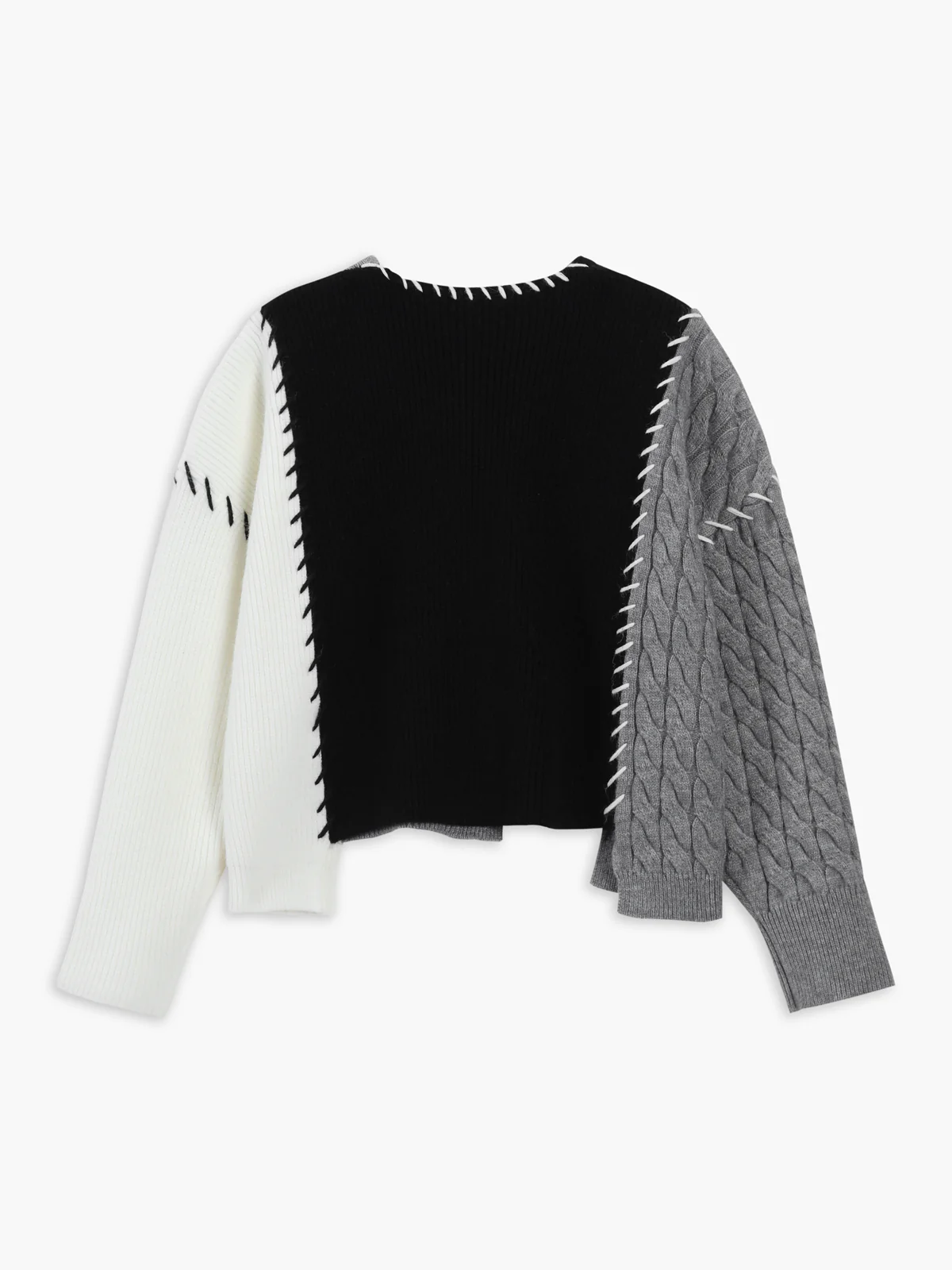 Patchwork Cable Knit Contrast Stitch Cardigan - Image 2