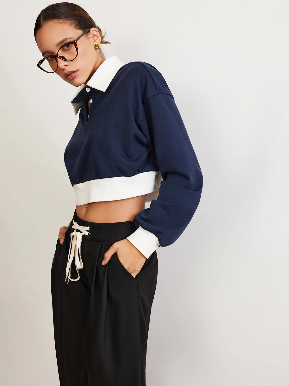 Patchwork Polo Crop Sweatshirt - Image 3