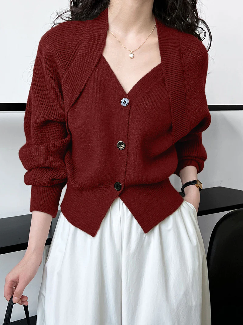 Patchwork V-neck Button Sweater - Image 6