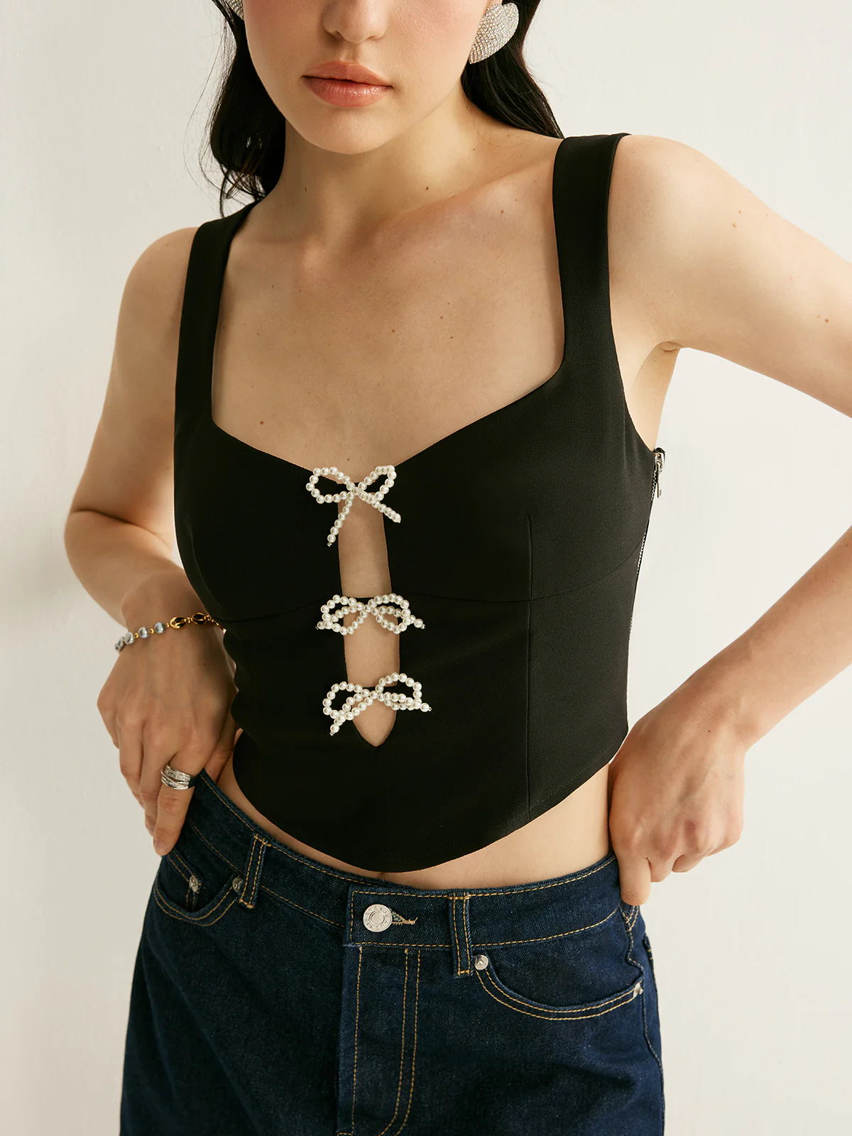 Pearl Bow Detail Crop Top - Image 2