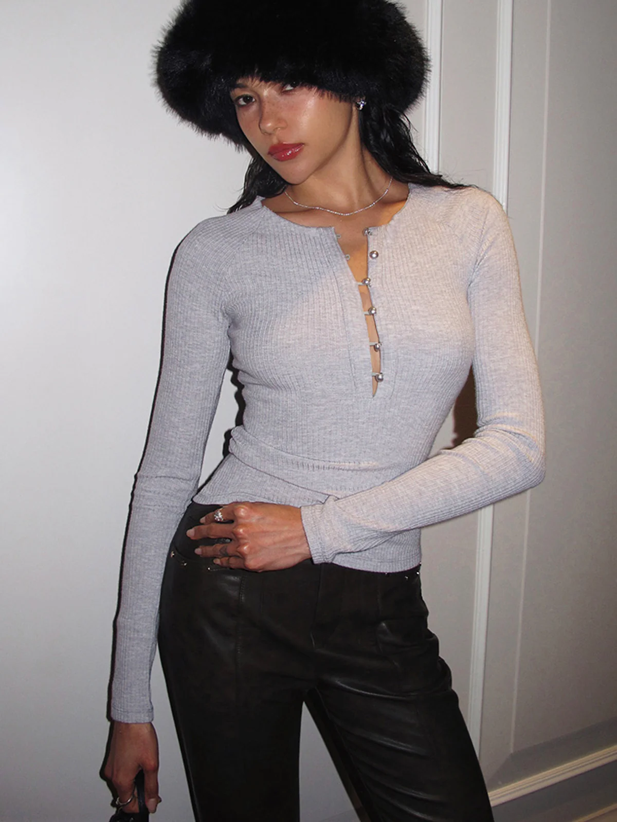 Pearl Button Cutout Skinny Top - Image 3