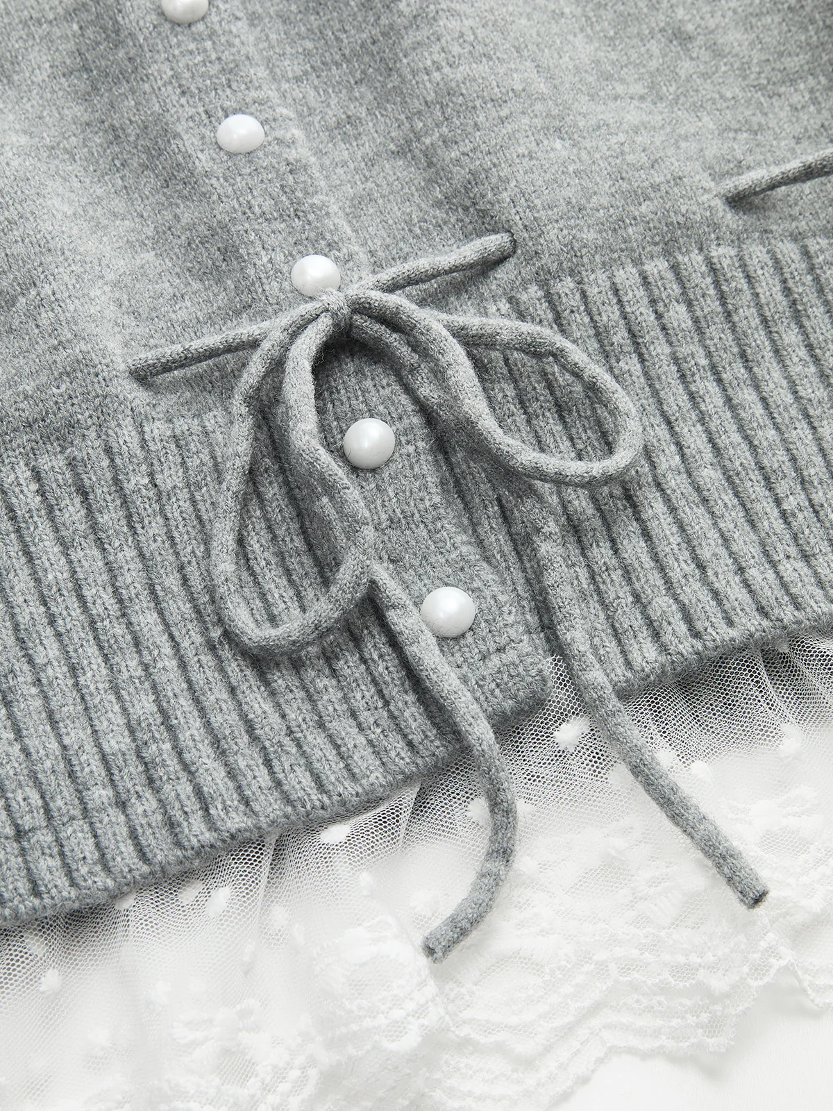 Pearl Button Tie-Waist Lace Hem Sweater Vest - Image 3