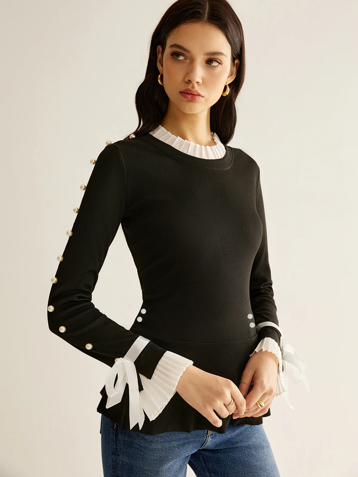 Pearl Decor Panel Pleated Blouse - Image 2