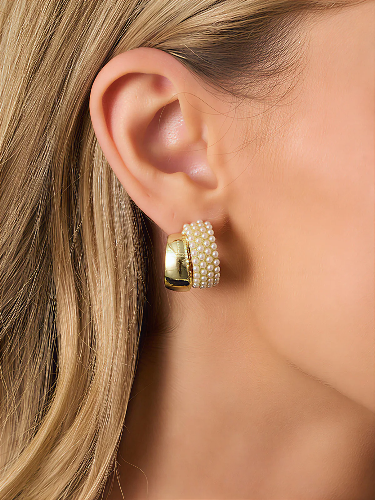Pearl Gold Arc Hoop Earrings - Image 3