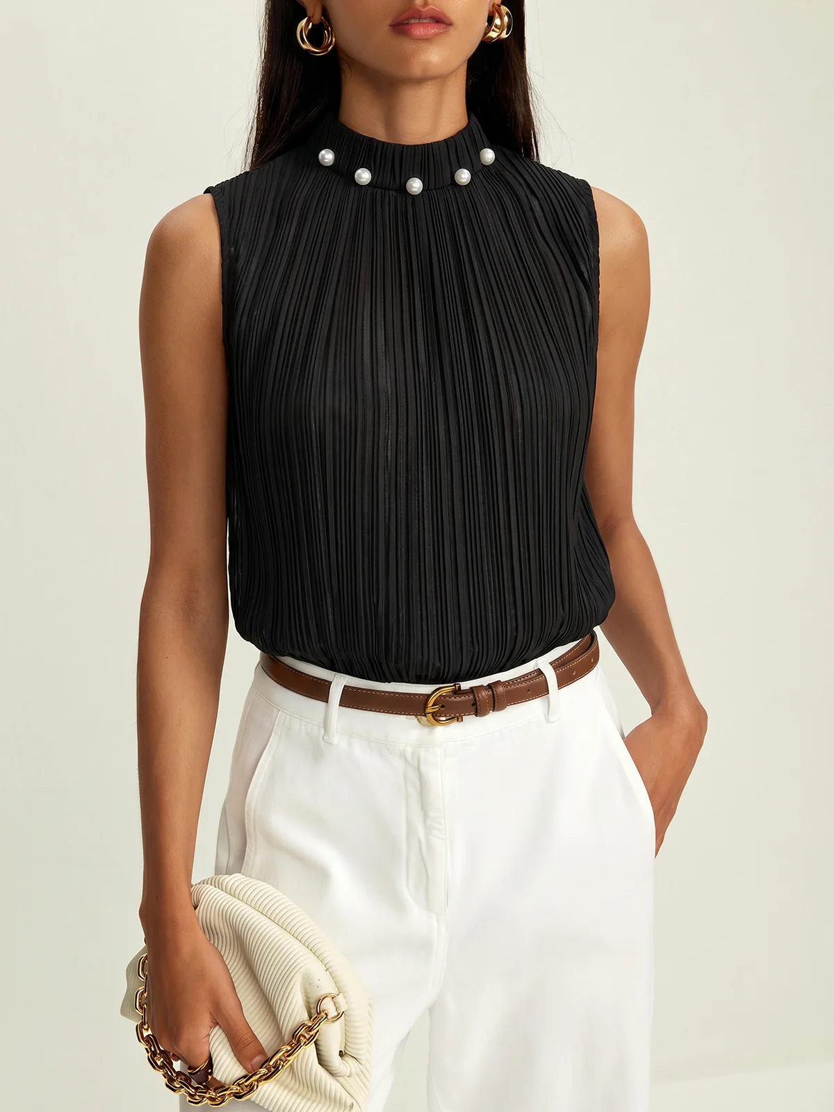 Pearl Neckline Pleated Sleeveless Bodysuit