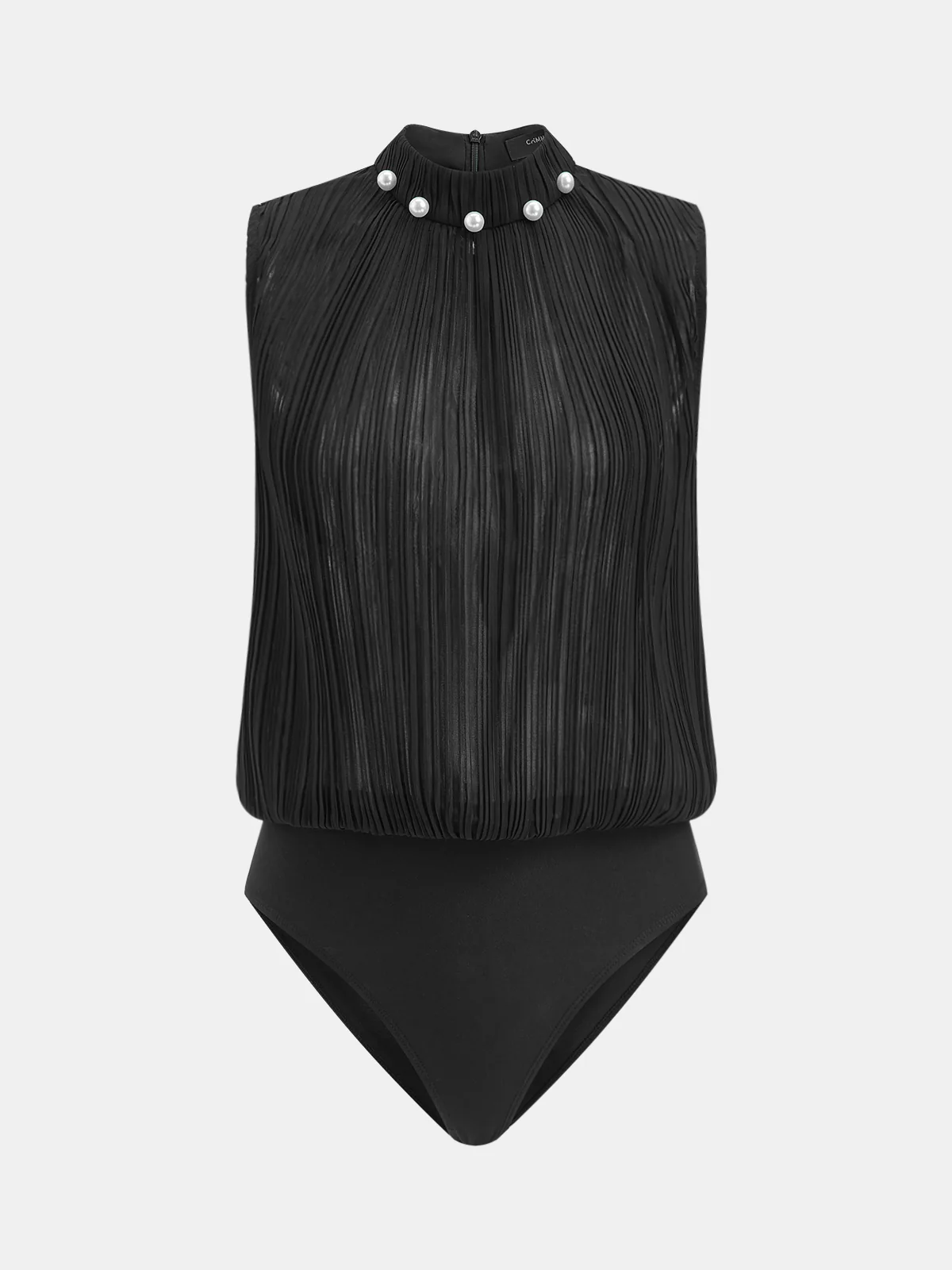 Pearl Neckline Pleated Sleeveless Bodysuit - Image 2