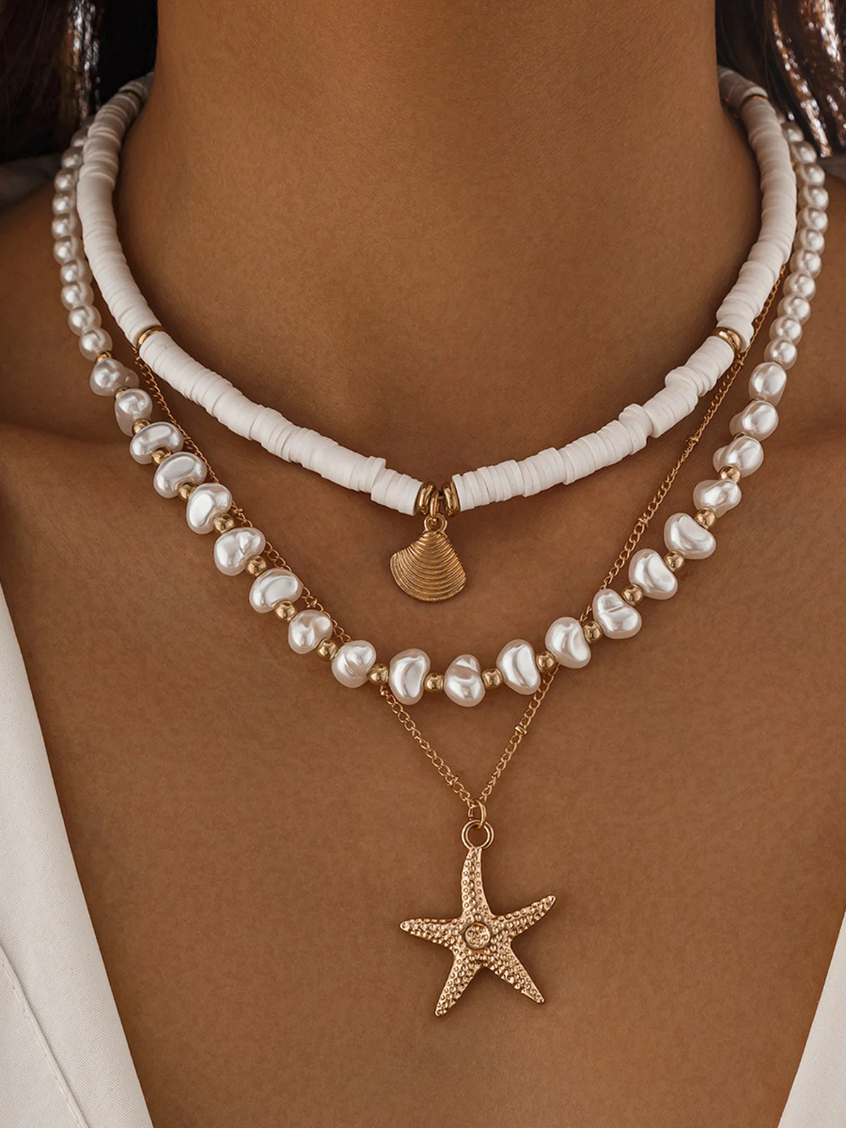 Pearl & Shell Layered Necklace With Starfish Pendant - Image 3