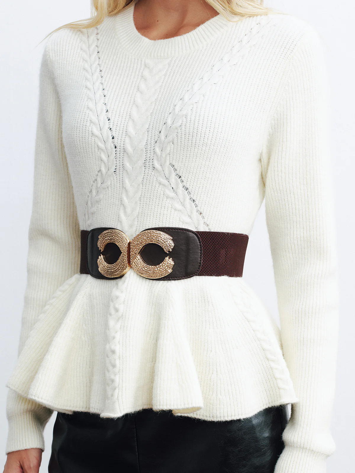 Peplum Cable-Knit Top with Wide Belt - Image 4