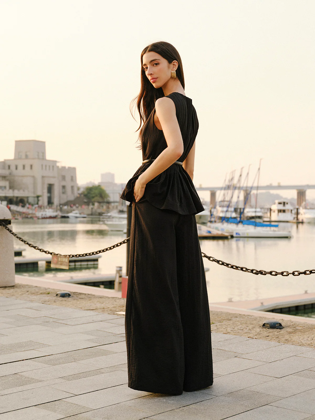 Peplum Top Wide-Leg Pants Set With Belt - Image 2