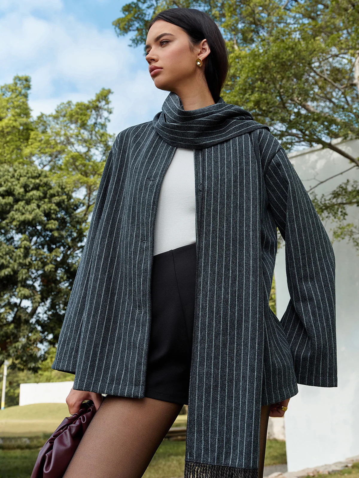 Pinstripe Button Blazer With Matching Tassel Scarf - Image 2