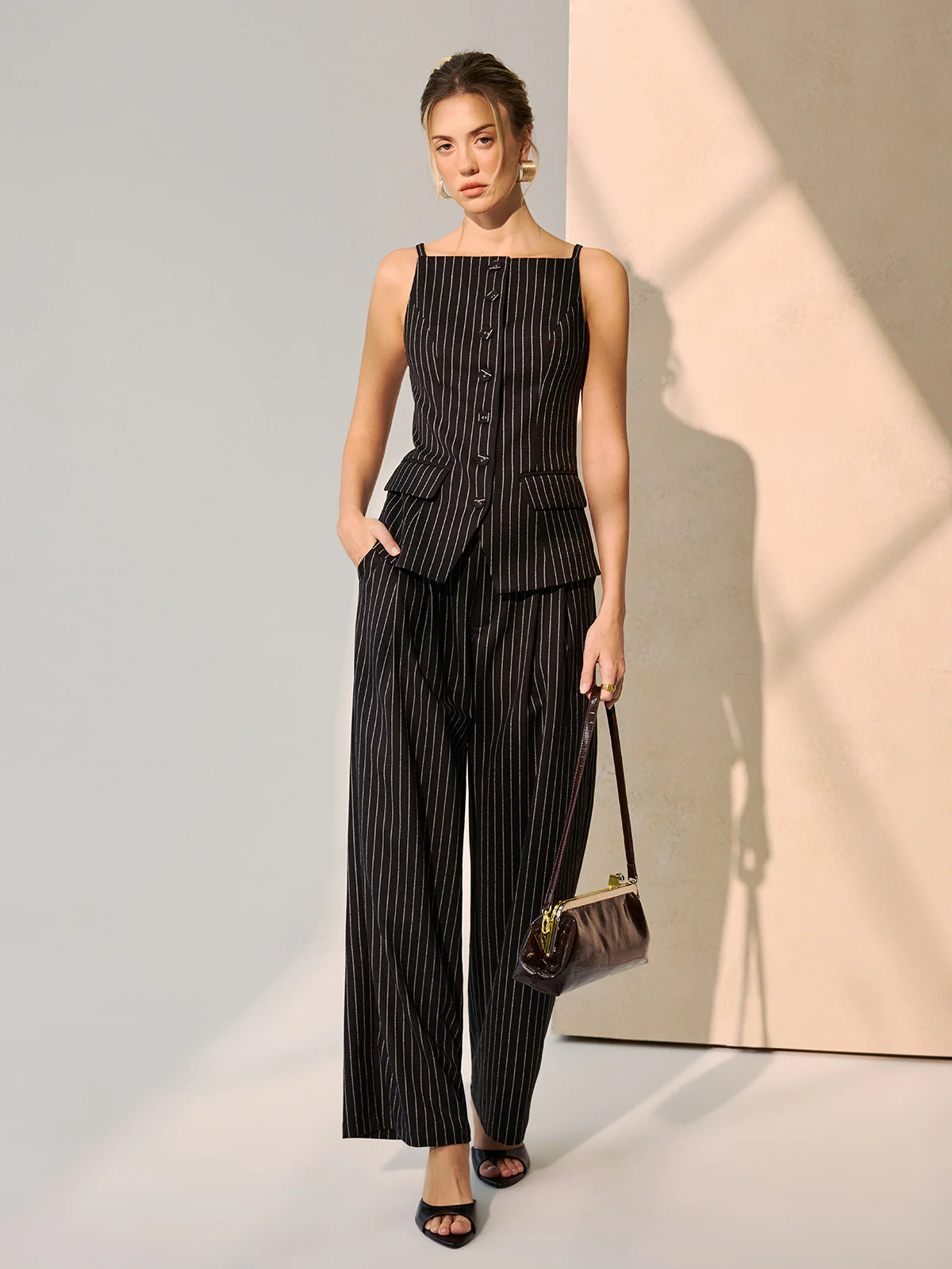 Pinstripe Cami Vest & Wide-Leg Pants Set - Image 2