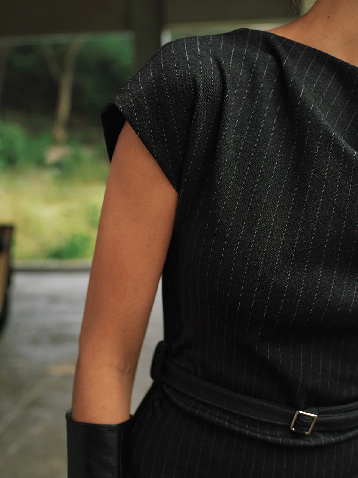 Pinstripe Cap-Sleeve Belted Maxi Dress - Image 2