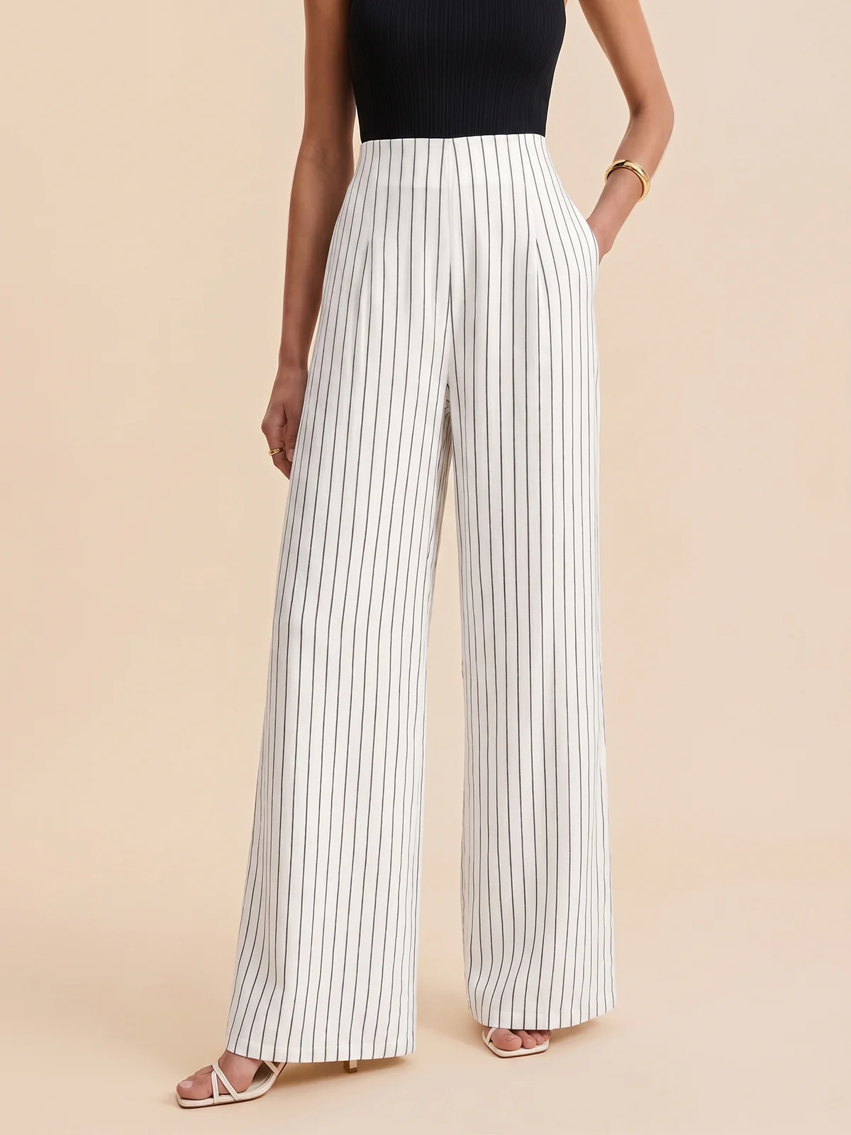 Pinstripe Cotton Linen Wide Leg Pants