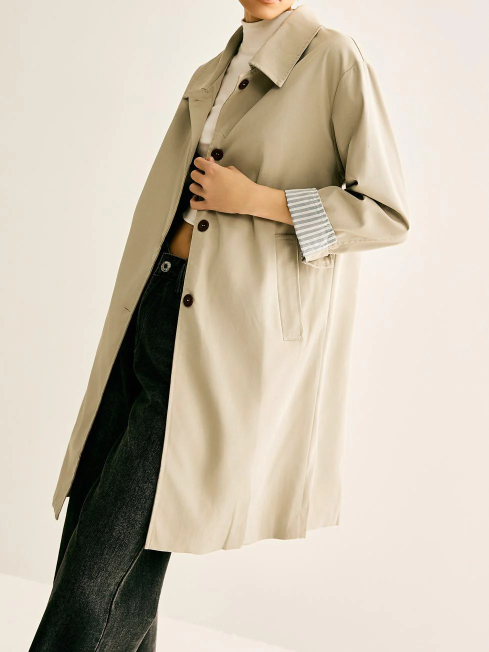 Pinstripe-Cuff Long Trench Coat - Image 4