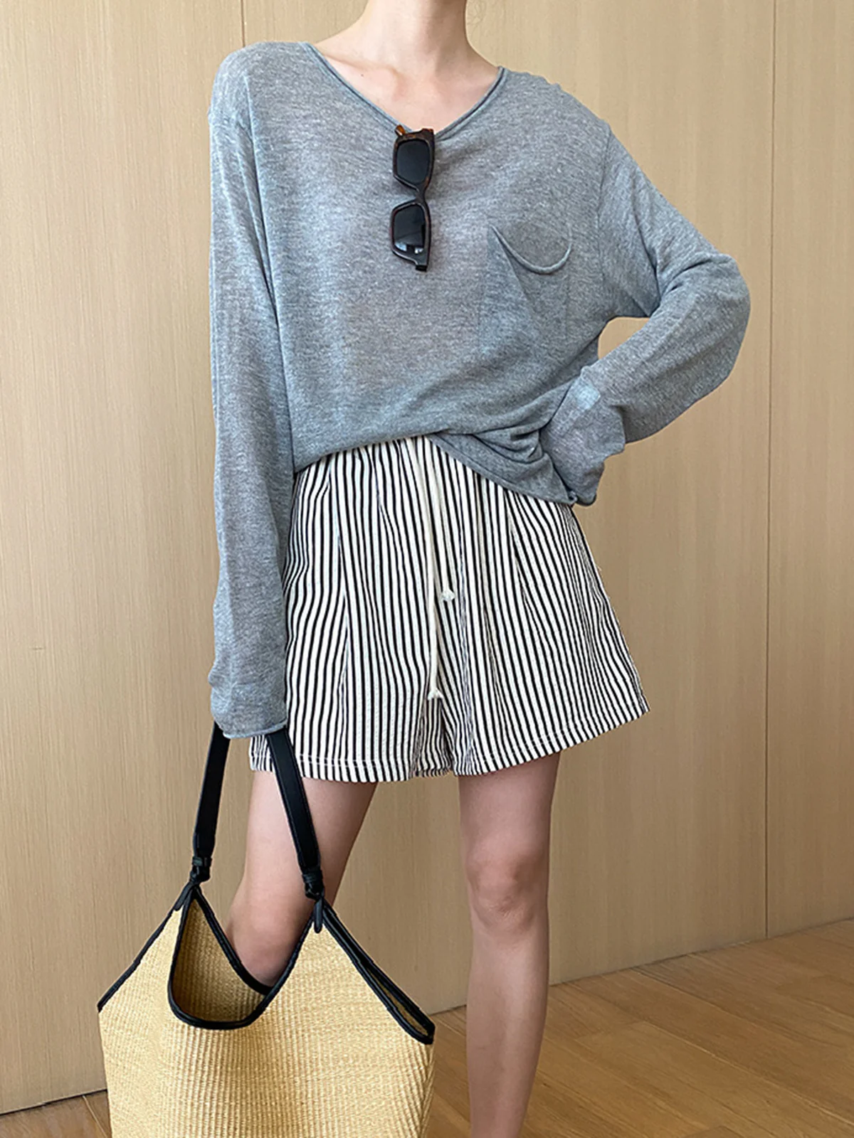 Pinstripe Drawstring Versatile Shorts - Image 2