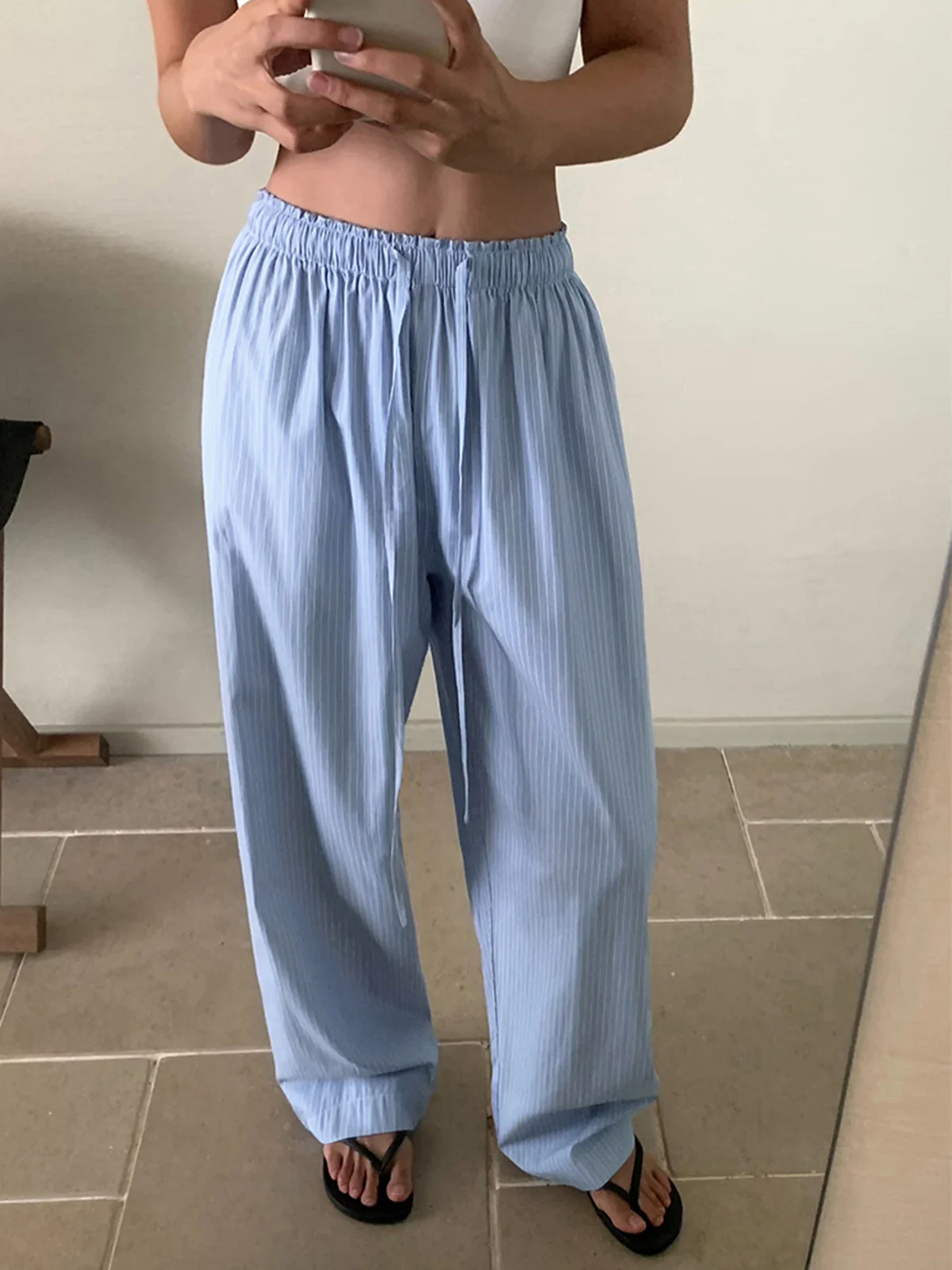 Pinstripe Drawstring Wide-Leg Pants - Image 2