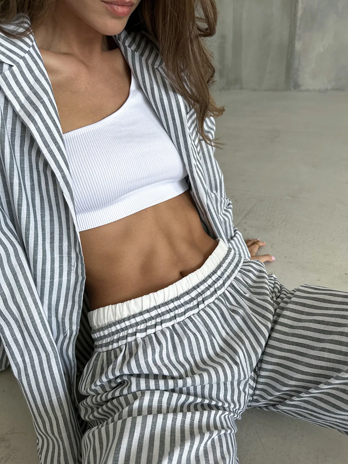 Pinstripe Lapel Long Sleeve Pants Set - Image 3
