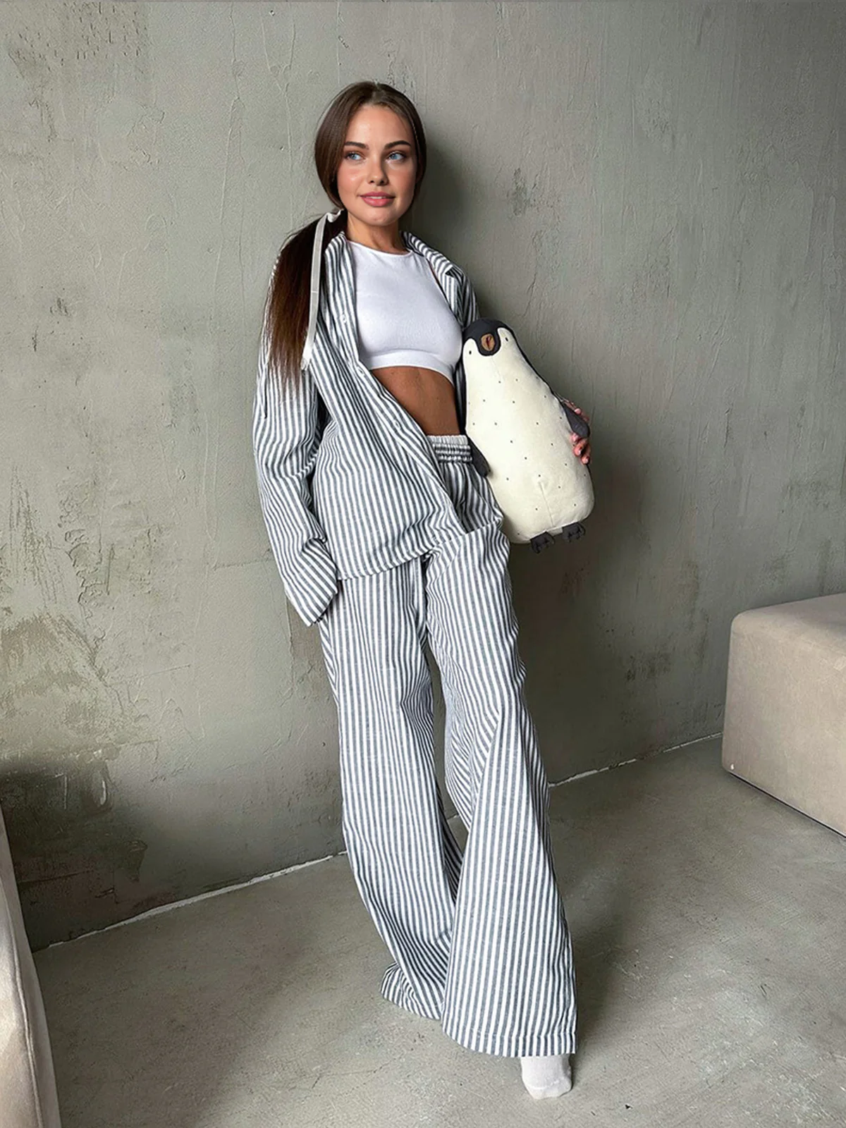 Pinstripe Lapel Long Sleeve Pants Set - Image 4