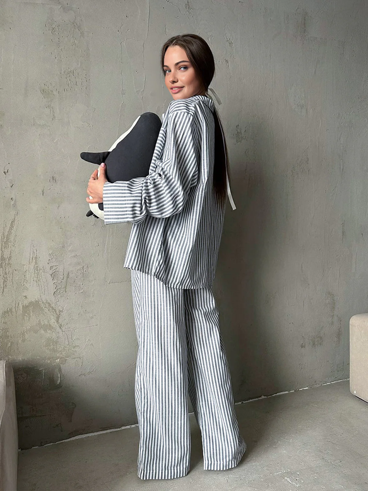 Pinstripe Lapel Long Sleeve Pants Set - Image 5