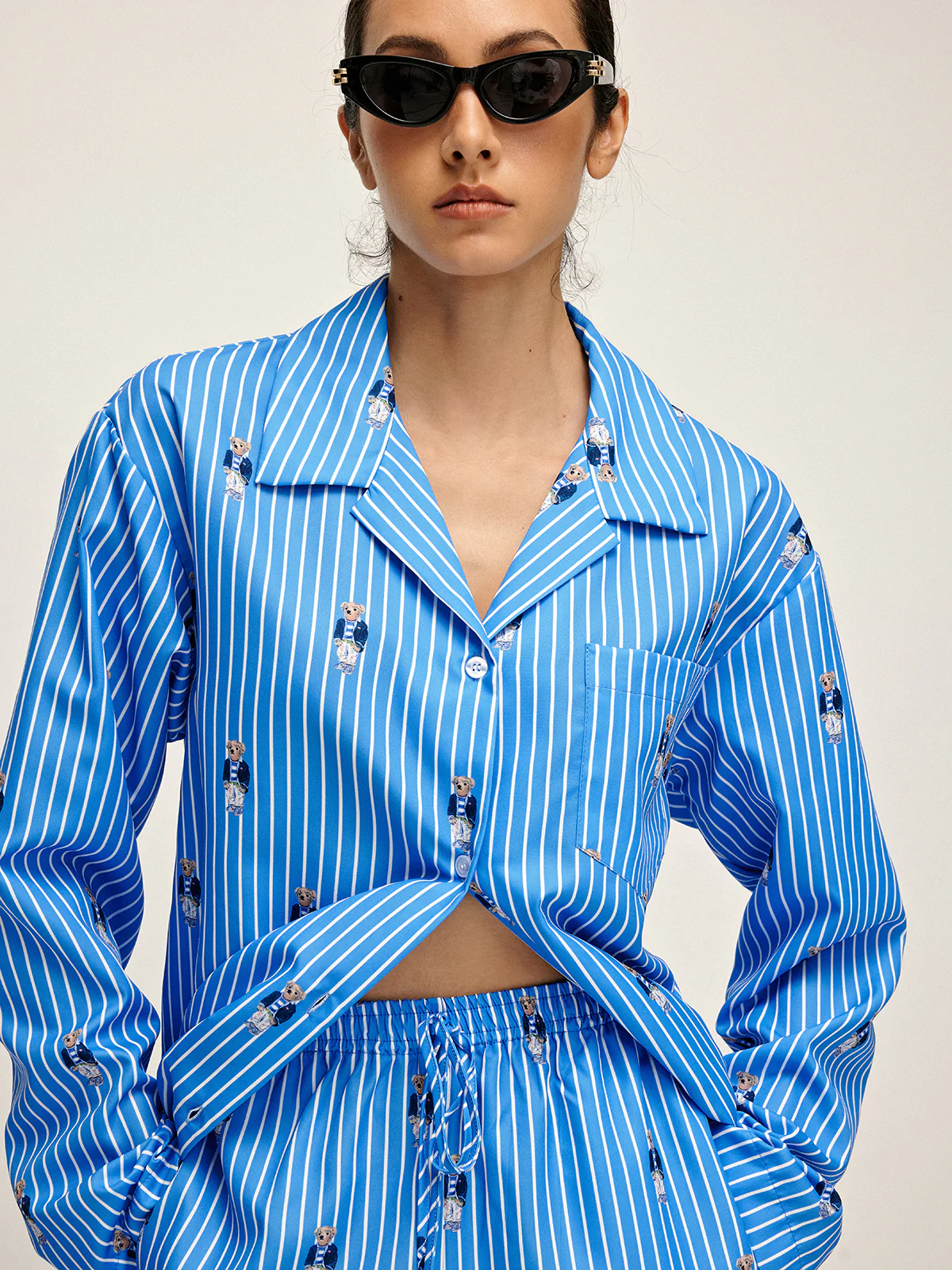 Pinstripe Lapel Printed Pants Set - Image 4