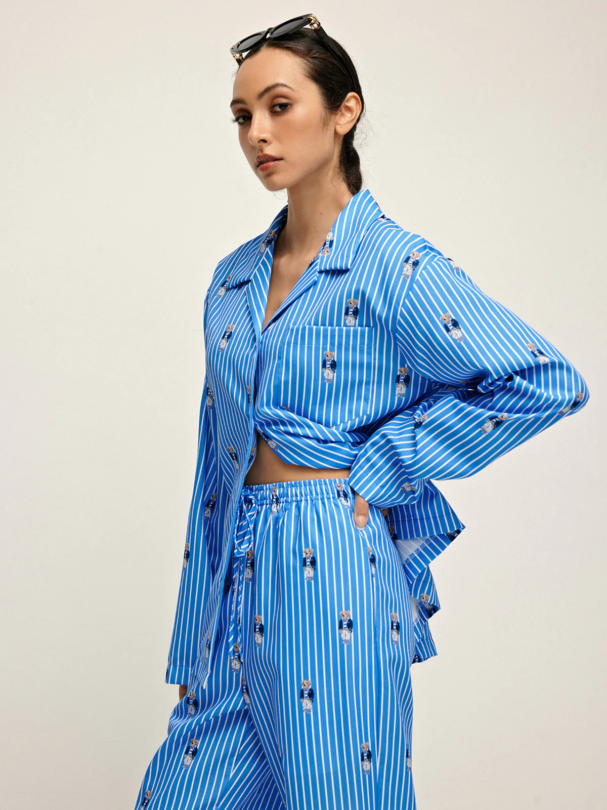Pinstripe Lapel Printed Pants Set - Image 5
