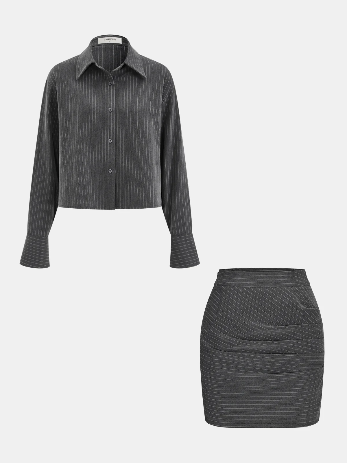 Pinstripe Shirt and Ruched Mini Skirt Set