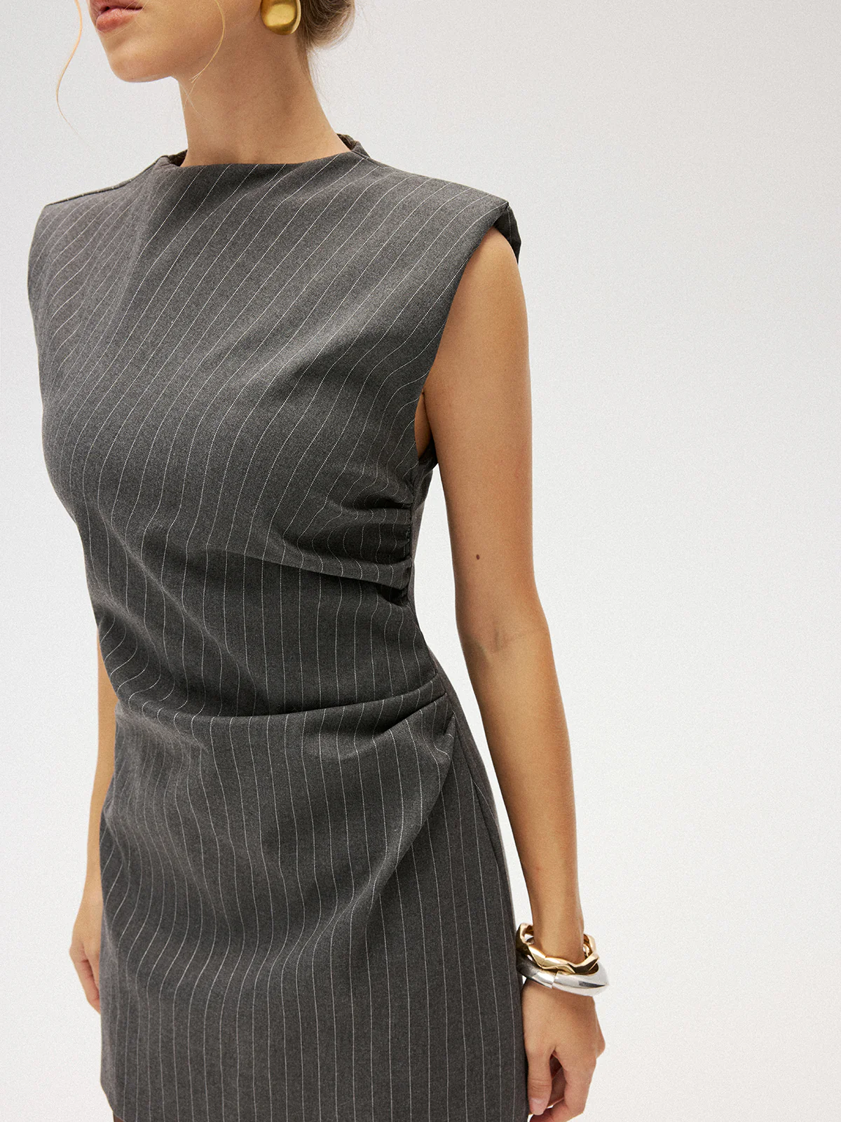 Pinstripe Sleeveless Ruched Mini Dress - Image 4