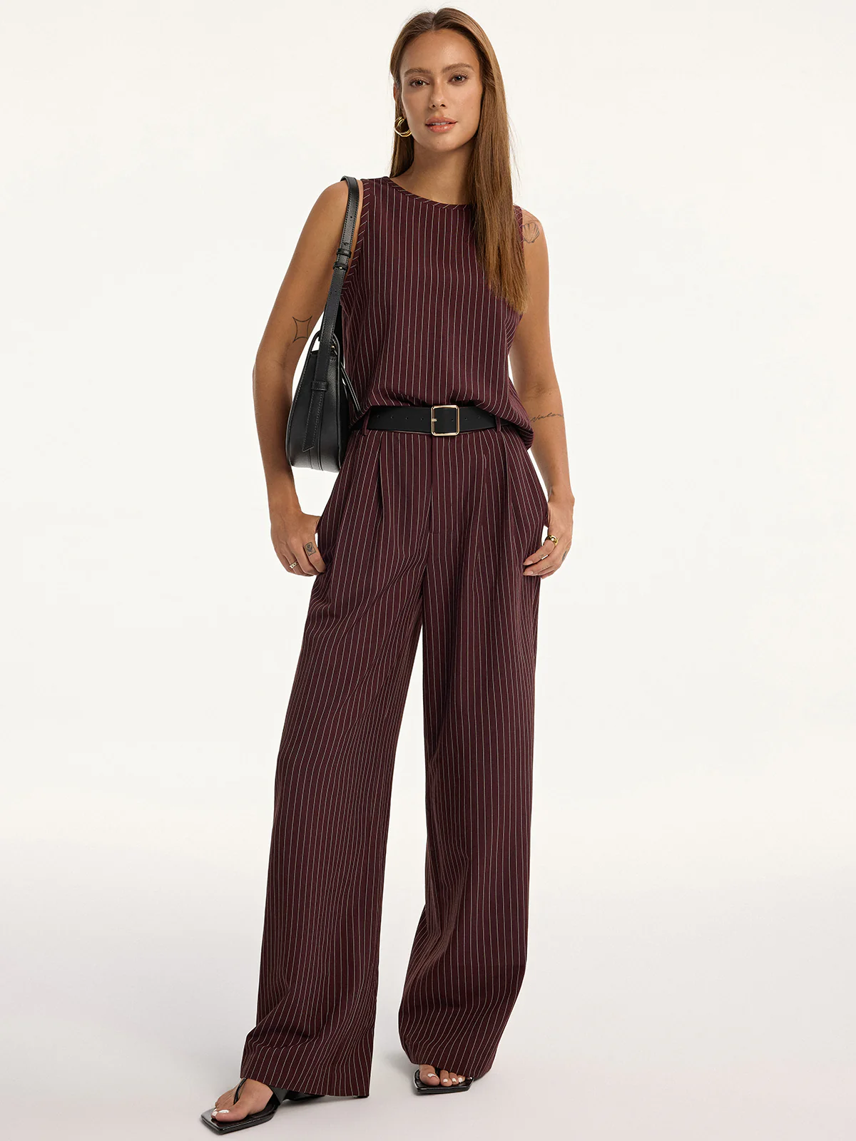 Pinstripe Sleeveless Top and Pants Set with Belt - Image 17