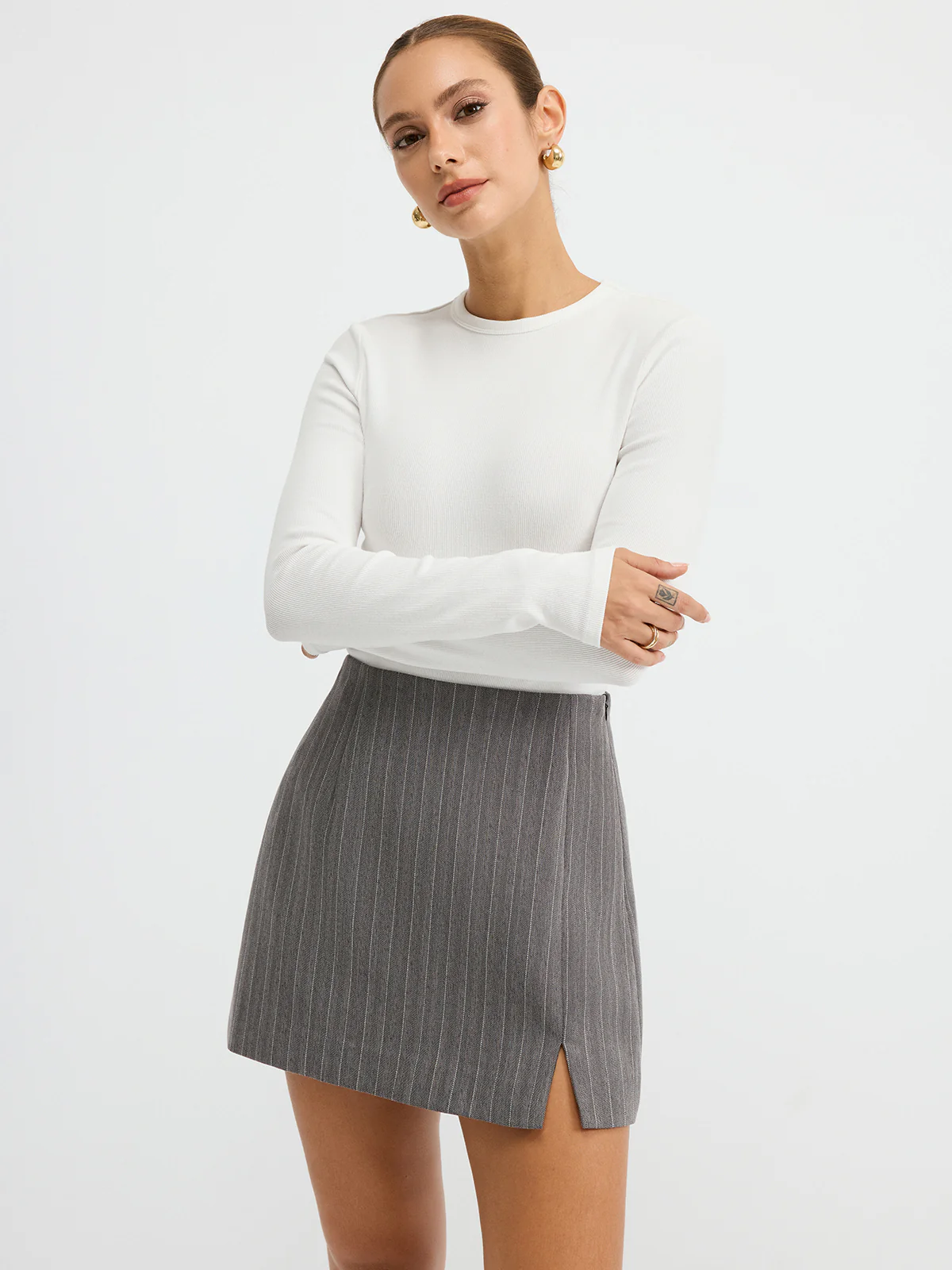 Pinstripe Slit Mini Skirt