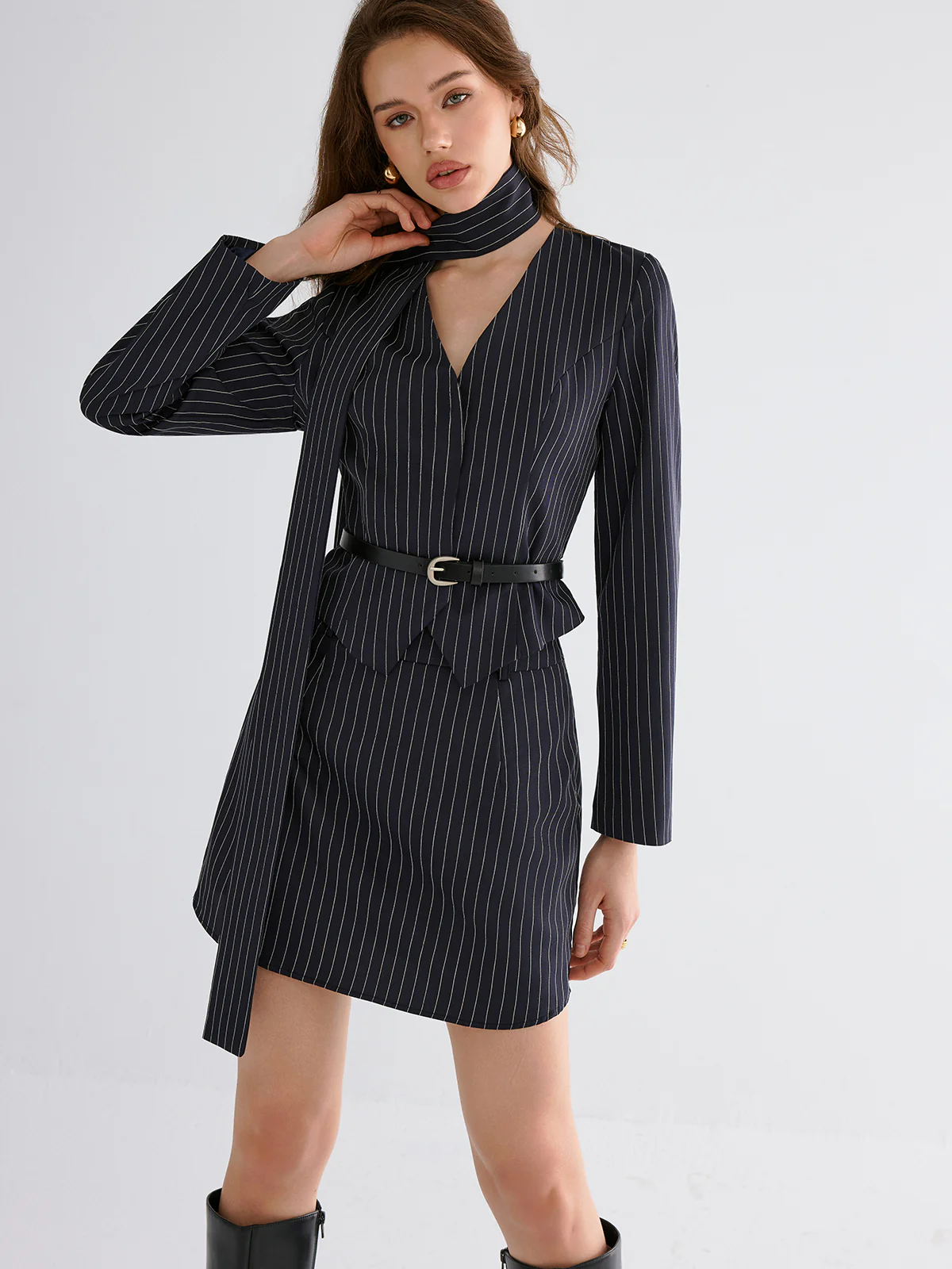 Pinstripe V-Neck Belted Blazer and Skirt Set