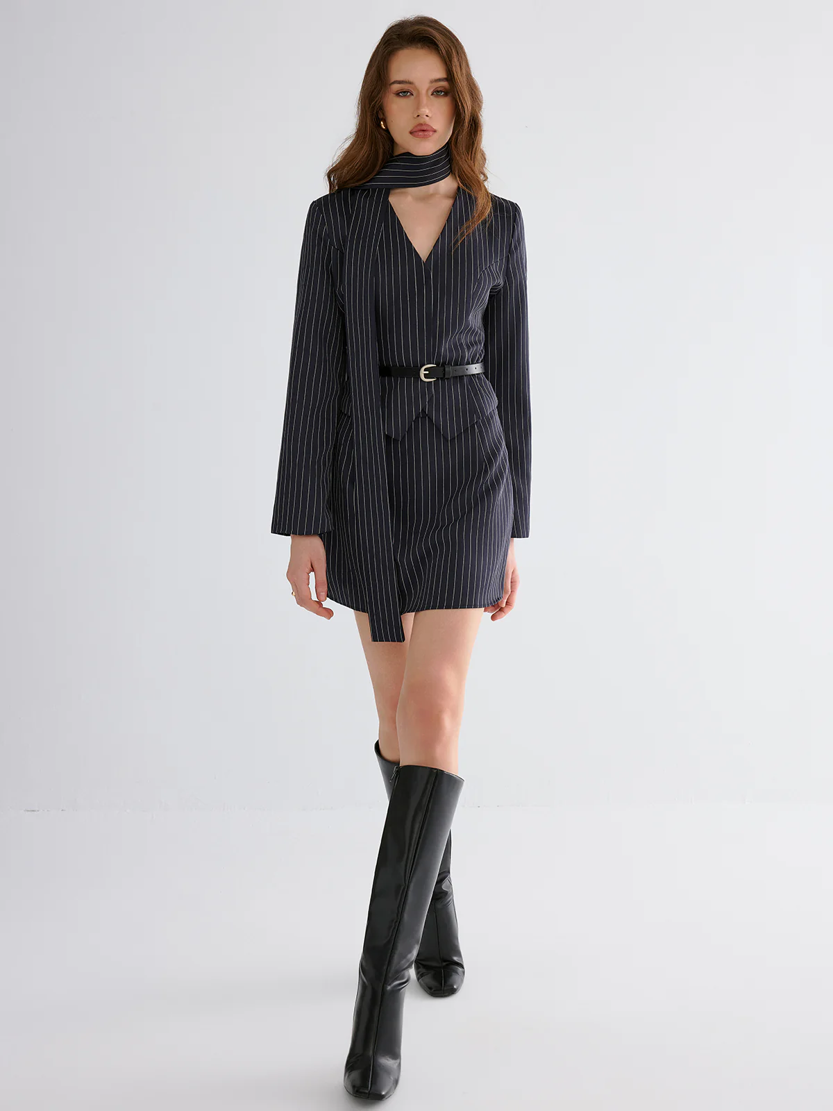 Pinstripe V-Neck Belted Blazer and Skirt Set - Image 2