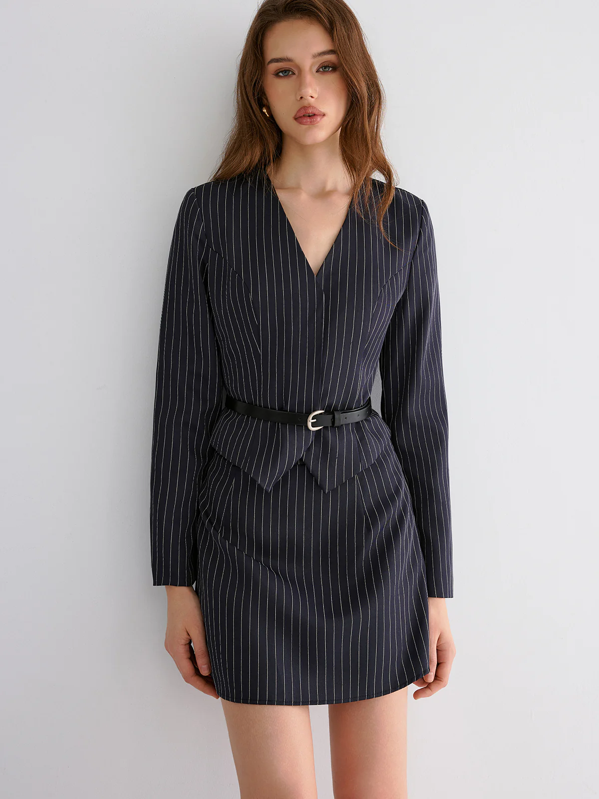 Pinstripe V-Neck Belted Blazer and Skirt Set - Image 3